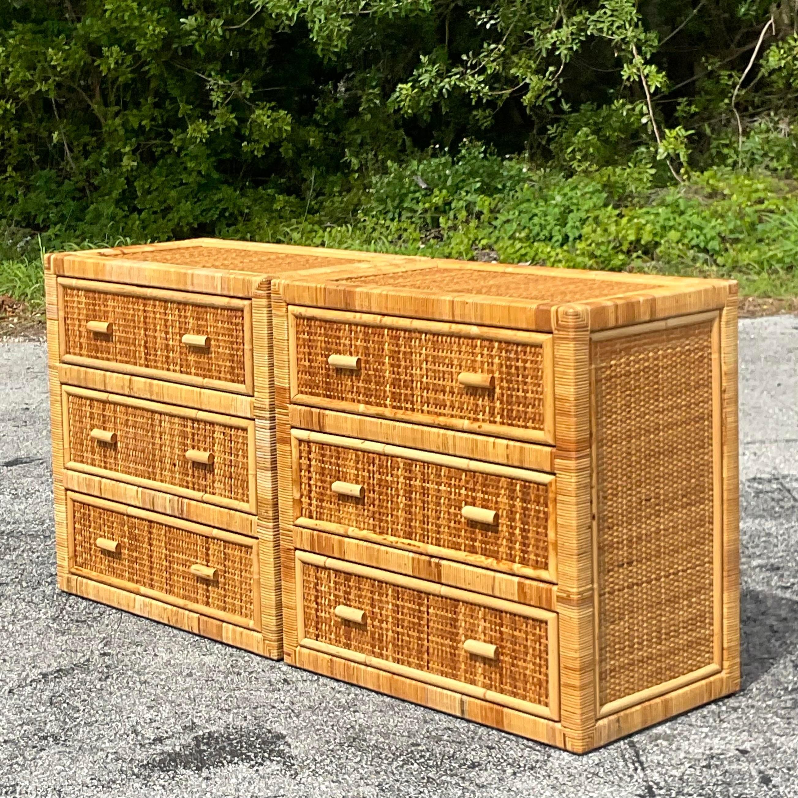 Late 20th Century Vintage Coastal Wrapped Rattan Chest of Drawers - a Pair 1