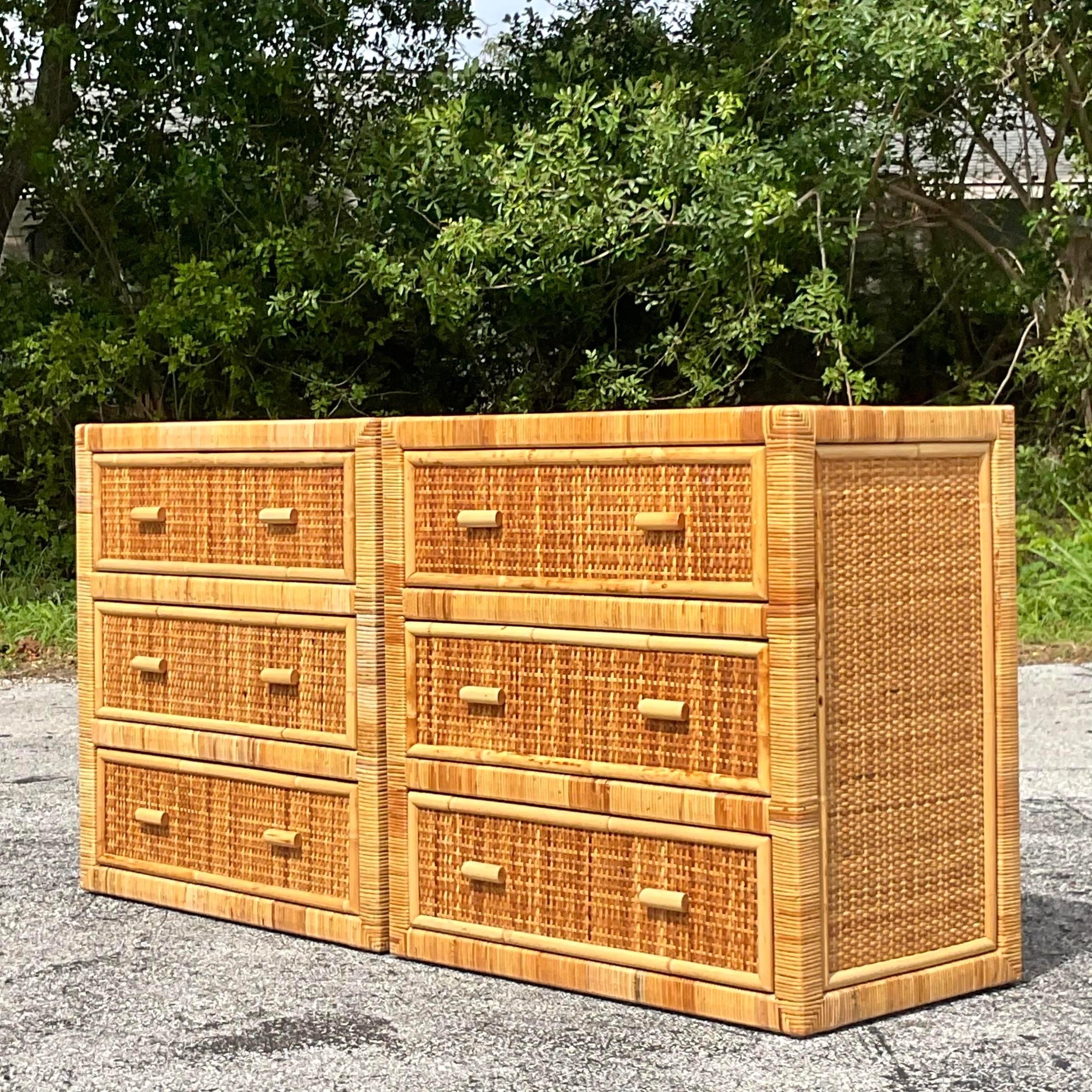Late 20th Century Vintage Coastal Wrapped Rattan Chest of Drawers - a Pair 2