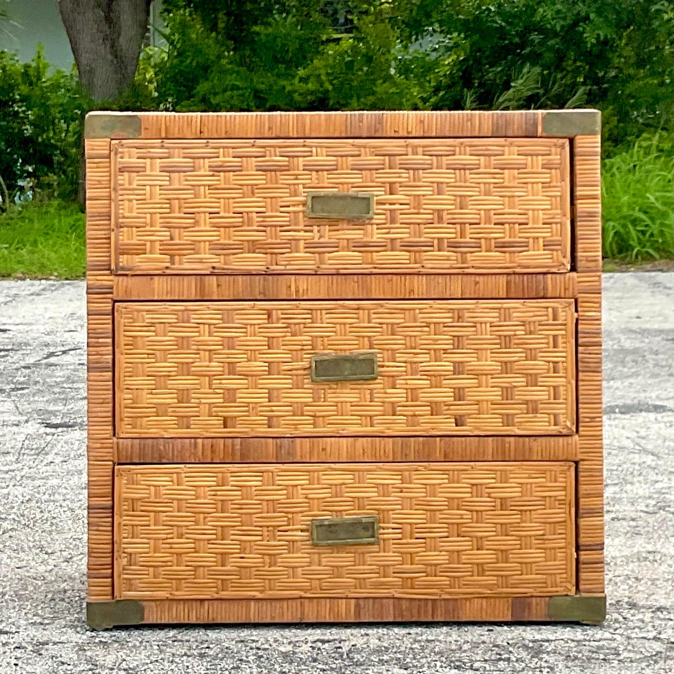 Campaign Late 20th Century Vintage Coastal Wrapped Rattan Chest of Drawers For Sale