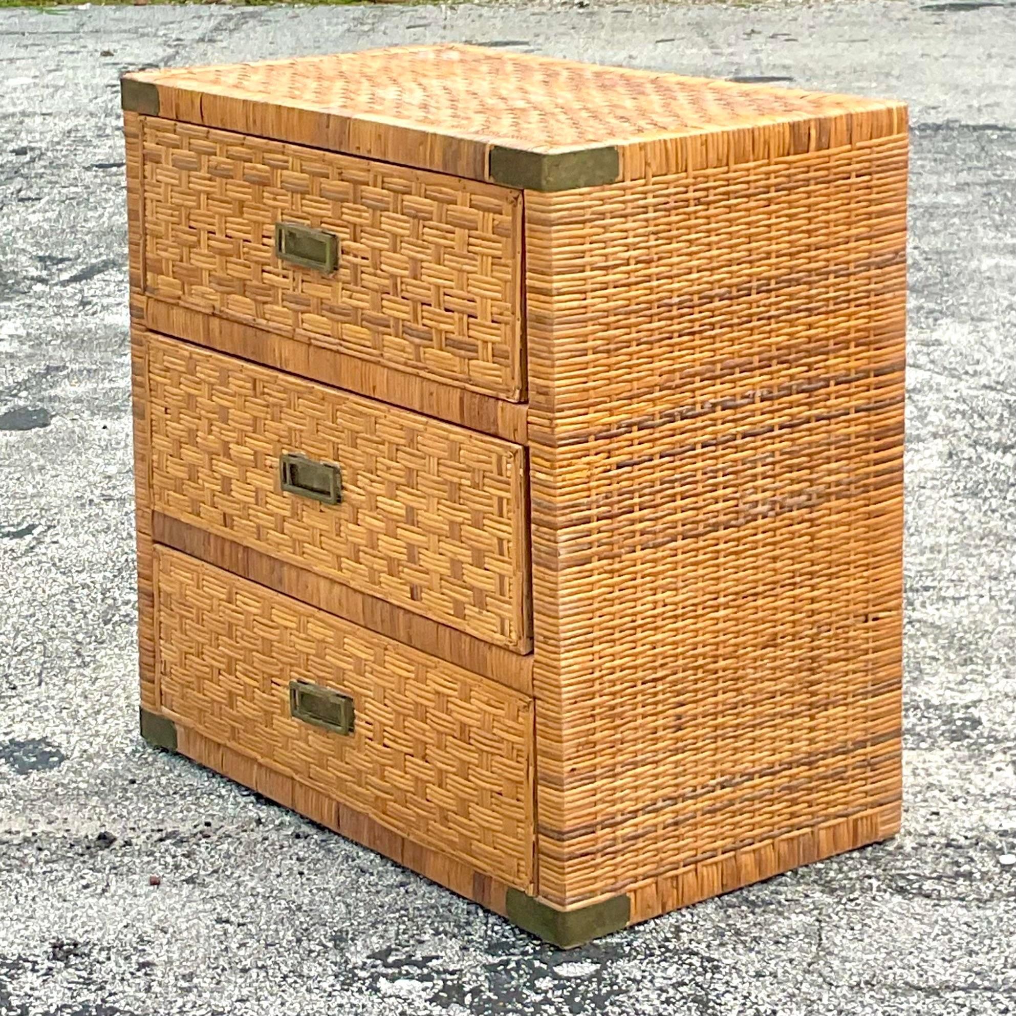 Brass Late 20th Century Vintage Coastal Wrapped Rattan Chest of Drawers For Sale
