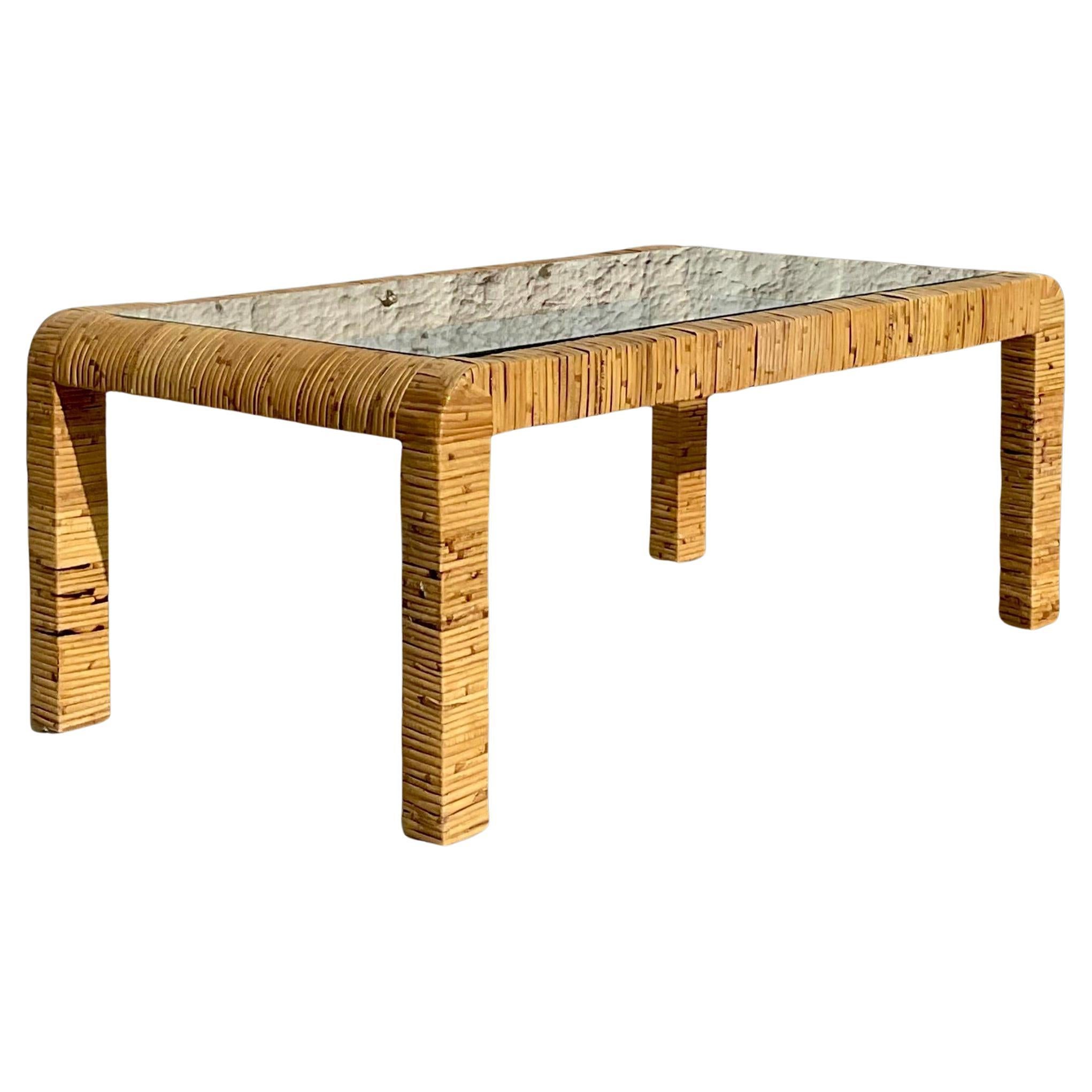 Late 20th Century Vintage Coastal Wrapped Rattan Coffee Table For Sale