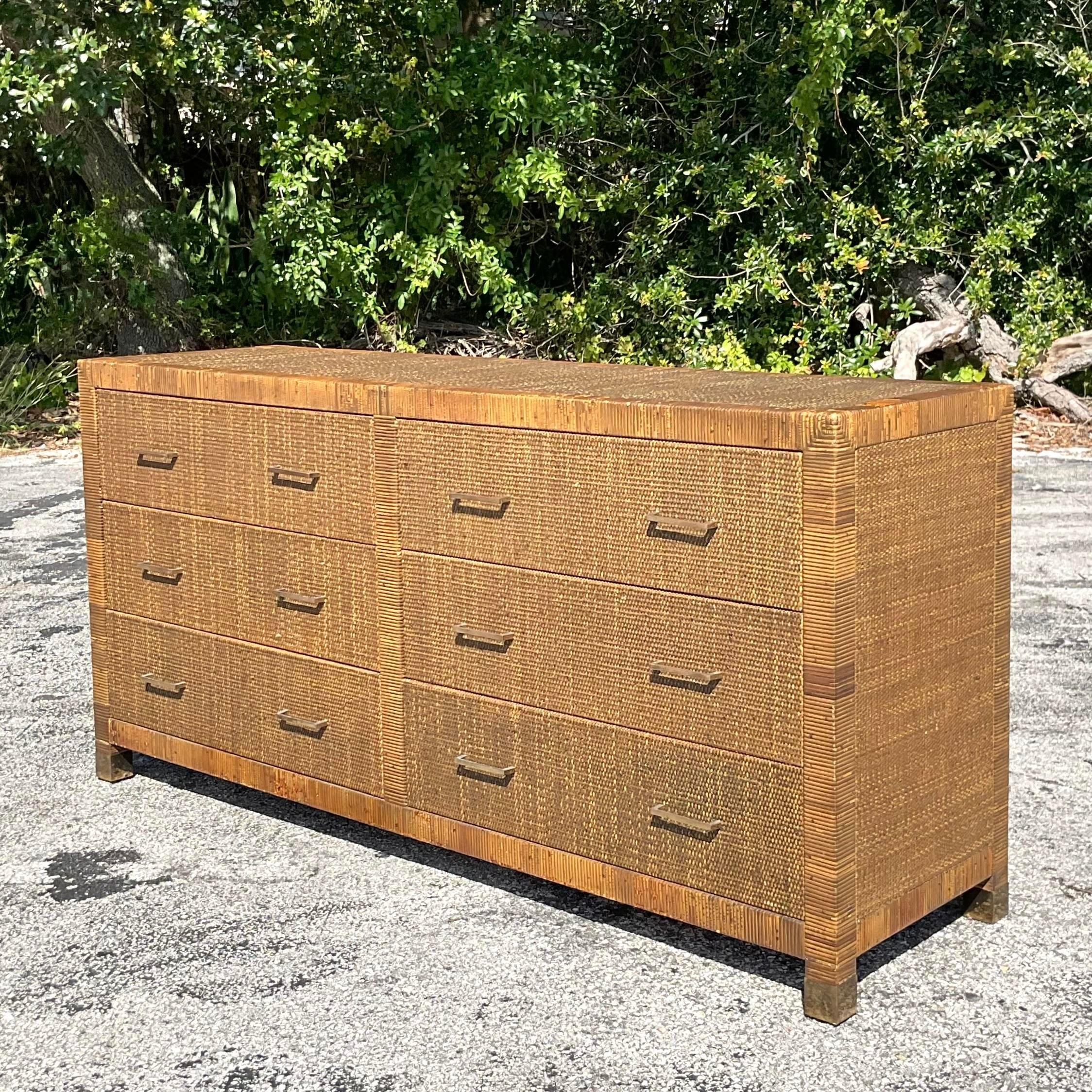 Late 20th Century Vintage Coastal Wrapped Rattan Dresser In Good Condition For Sale In west palm beach, FL