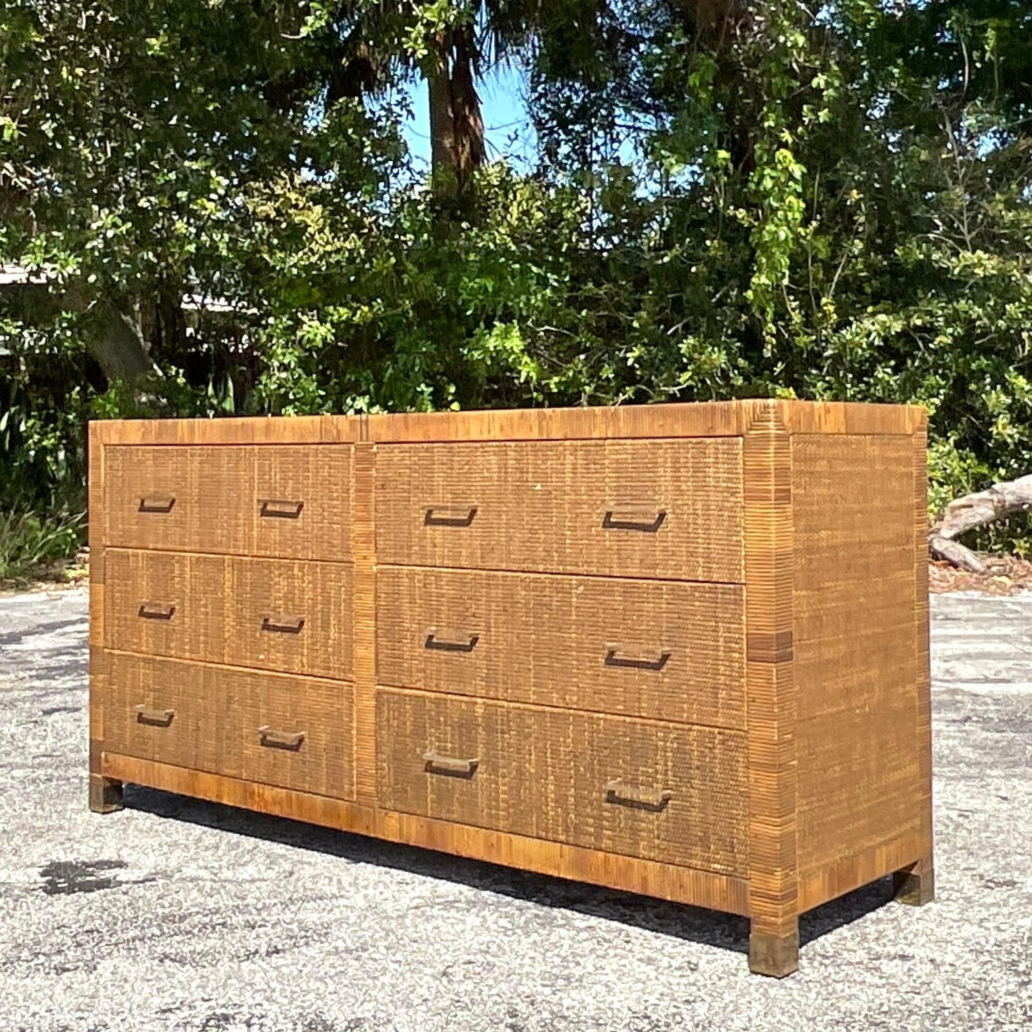 Late 20th Century Vintage Coastal Wrapped Rattan Dresser For Sale 1