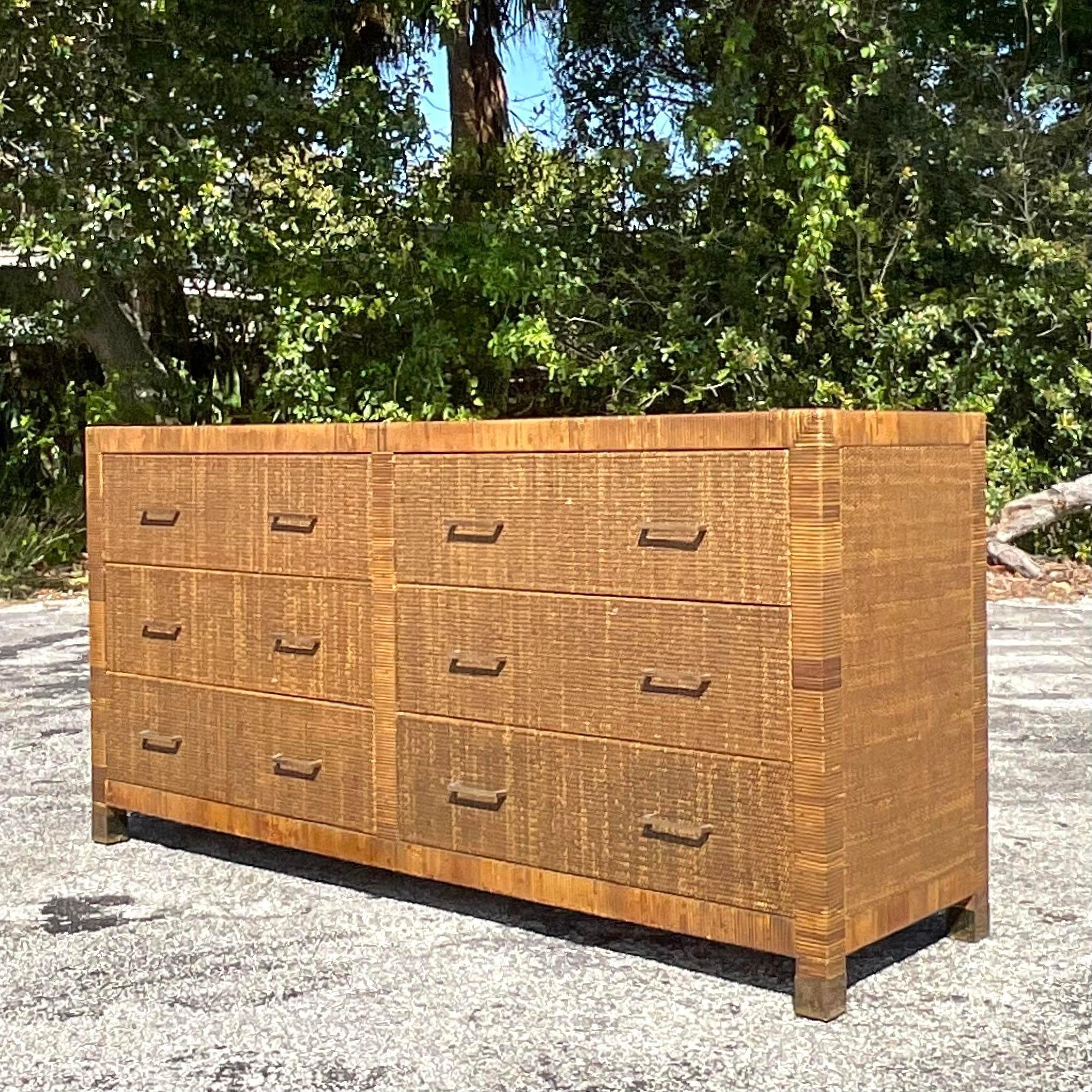 Late 20th Century Vintage Coastal Wrapped Rattan Dresser For Sale 2