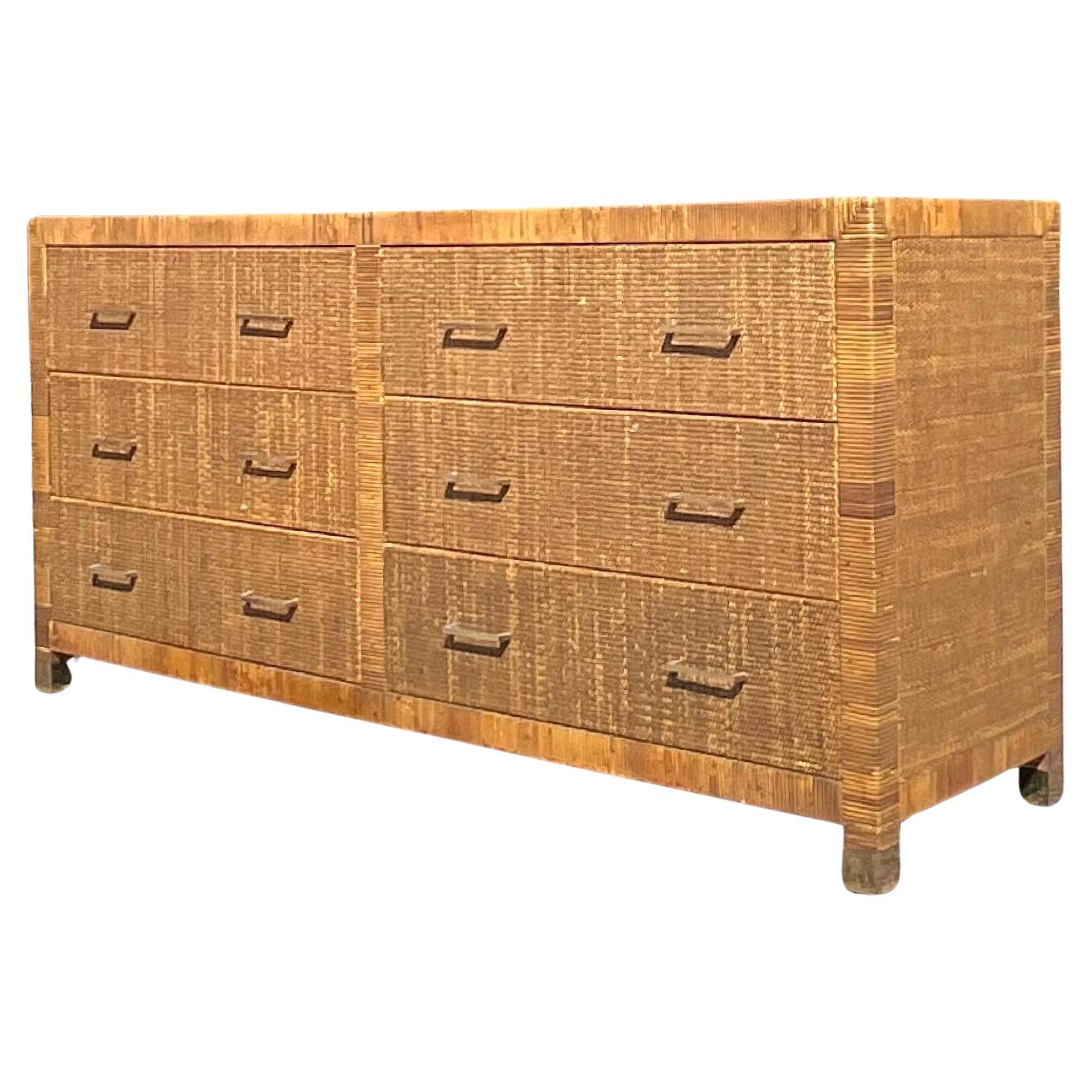 Late 20th Century Vintage Coastal Wrapped Rattan Dresser For Sale