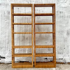 Late 20th Century Vintage Coastal Wrapped Rattan Etagere - a Pair