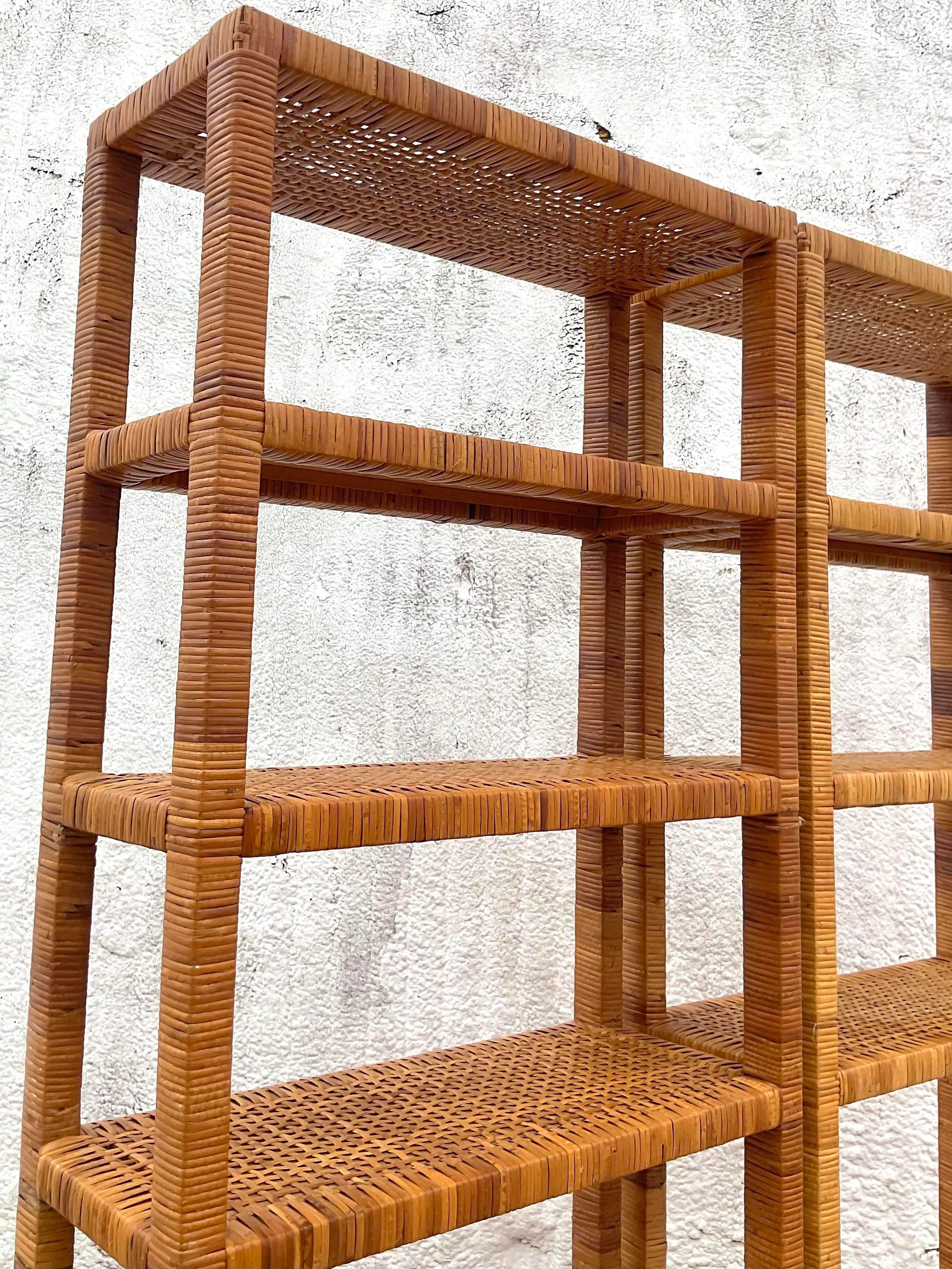 Philippine Late 20th Century Vintage Coastal Wrapped Rattan Etagere - a Pair For Sale