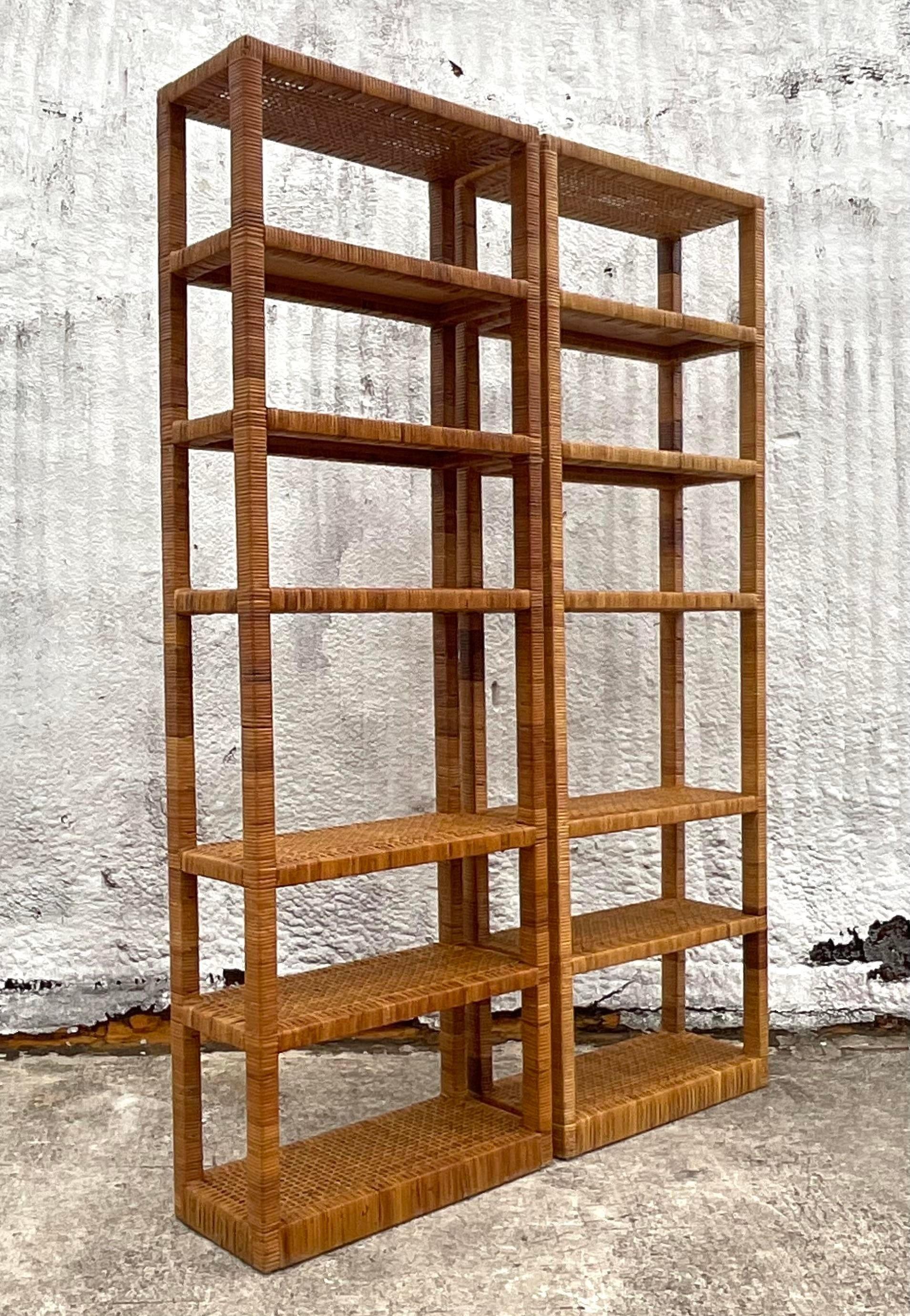 Late 20th Century Vintage Coastal Wrapped Rattan Etagere - a Pair In Good Condition For Sale In west palm beach, FL