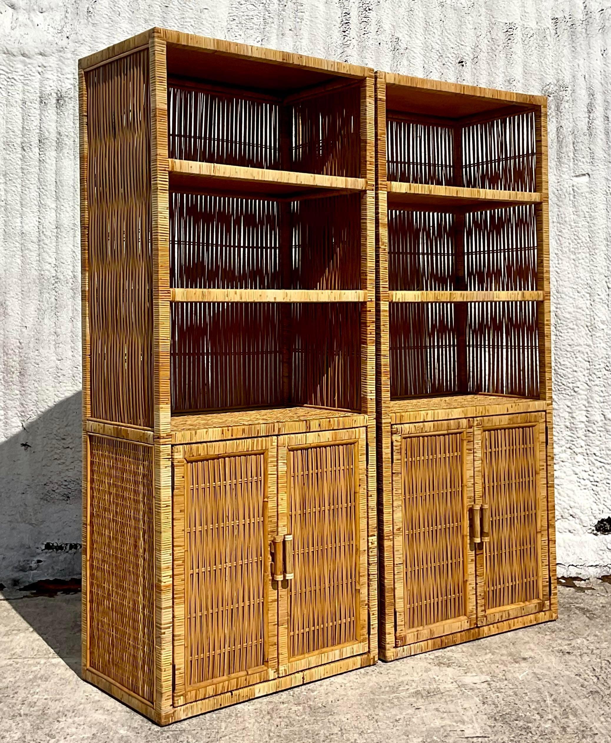 Late 20th Century Vintage Coastal Wrapped Rattan Etagere - a Pair In Good Condition For Sale In west palm beach, FL