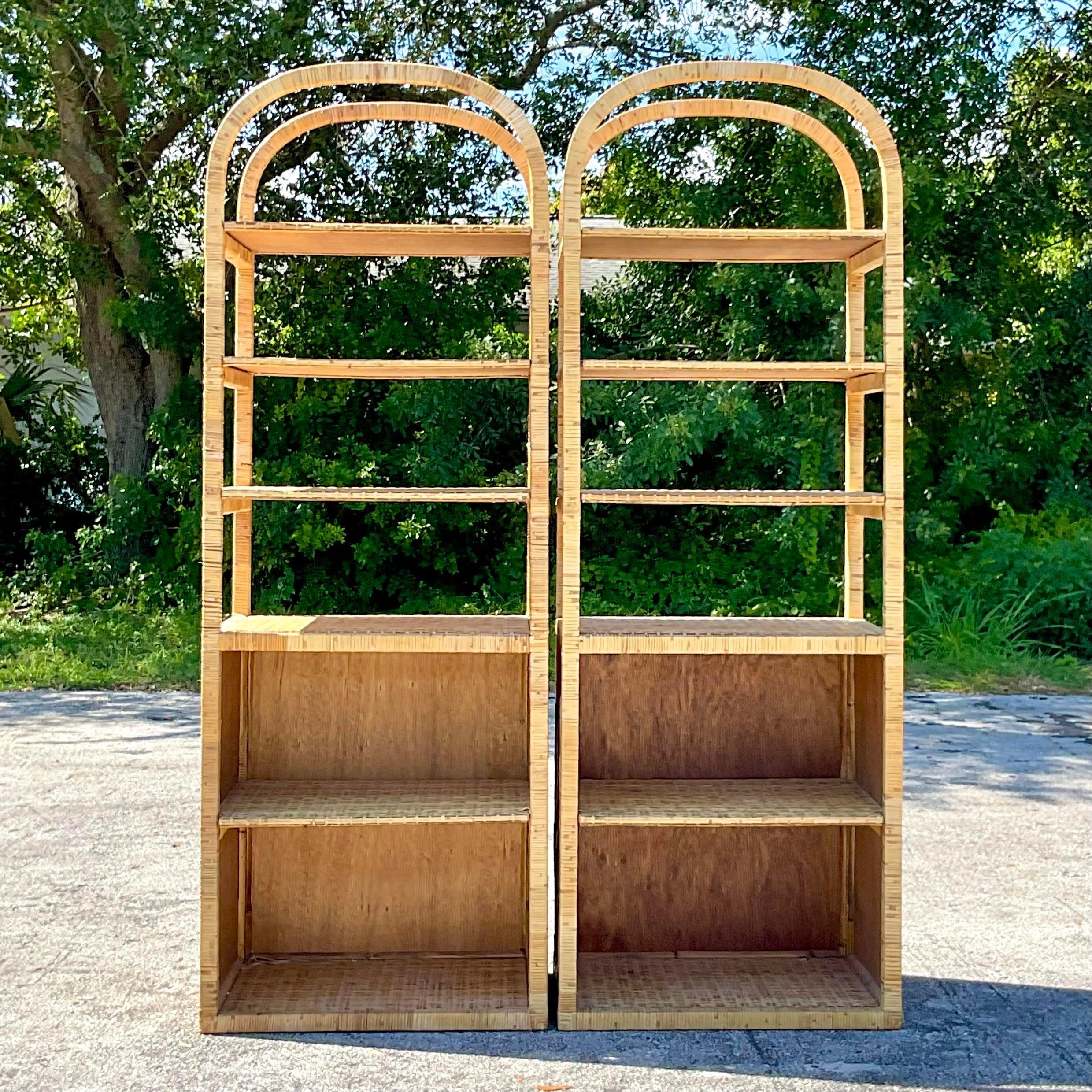 Late 20th Century Vintage Coastal Wrapped Rattan Etagere - a Pair In Good Condition In west palm beach, FL