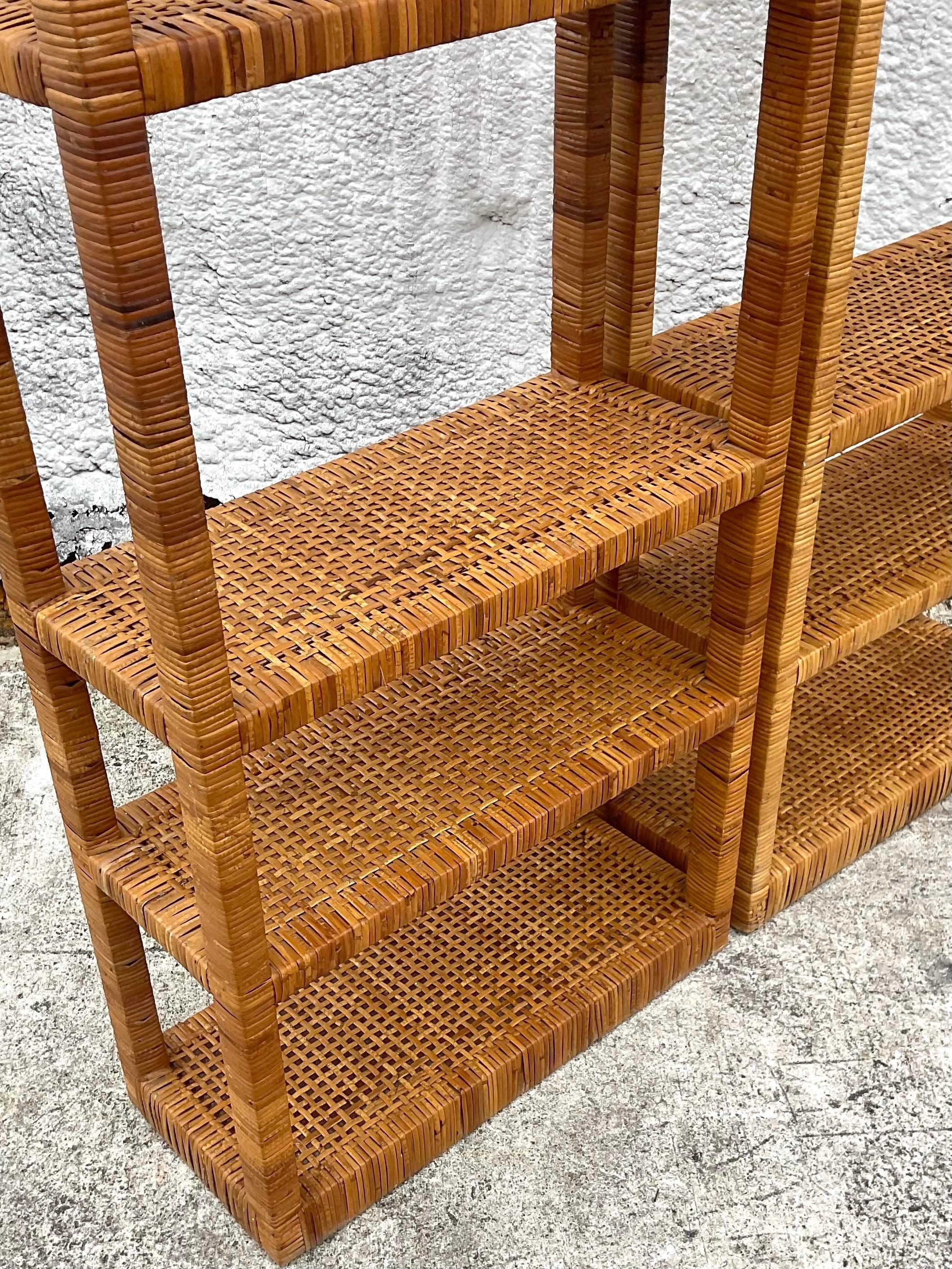 Late 20th Century Vintage Coastal Wrapped Rattan Etagere - a Pair For Sale 1