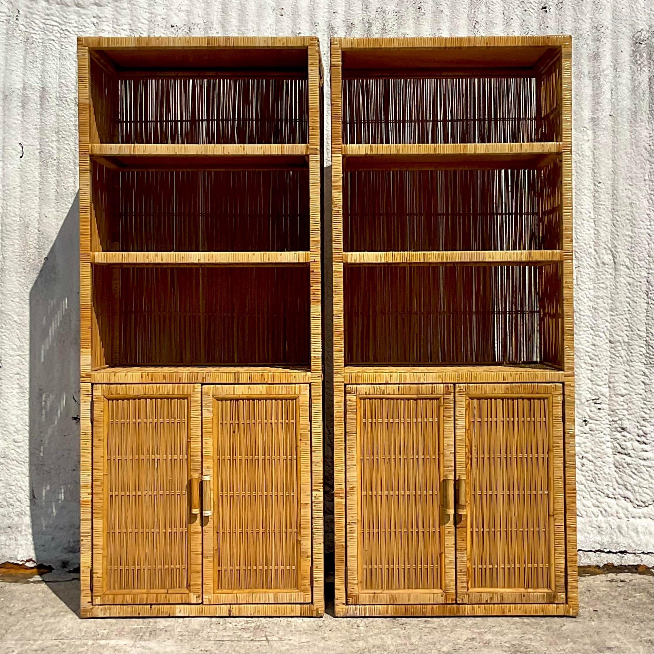 Late 20th Century Vintage Coastal Wrapped Rattan Etagere - a Pair For Sale 1