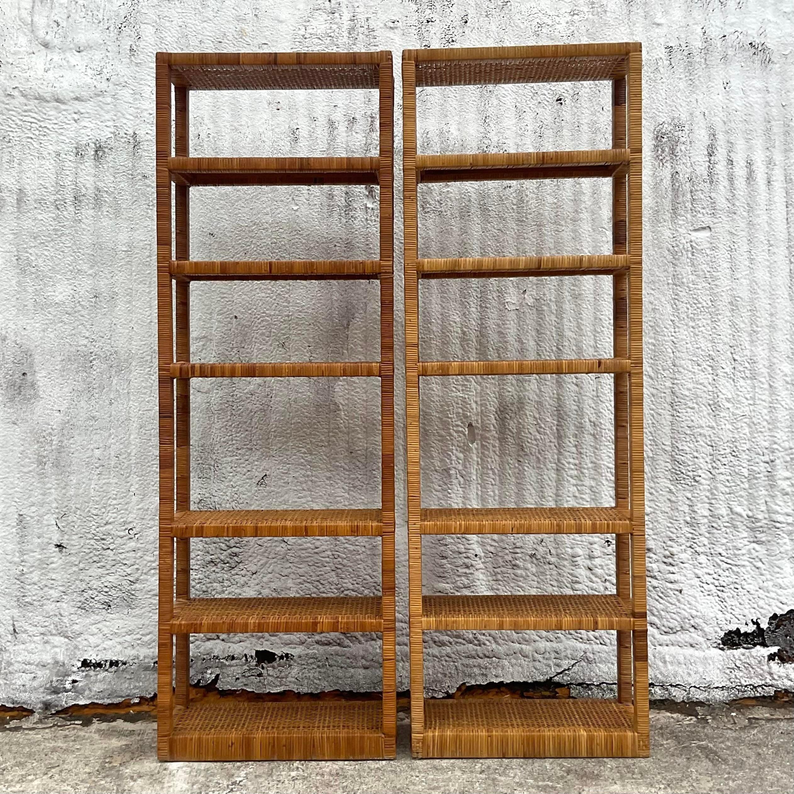 Late 20th Century Vintage Coastal Wrapped Rattan Etagere - a Pair For Sale 2