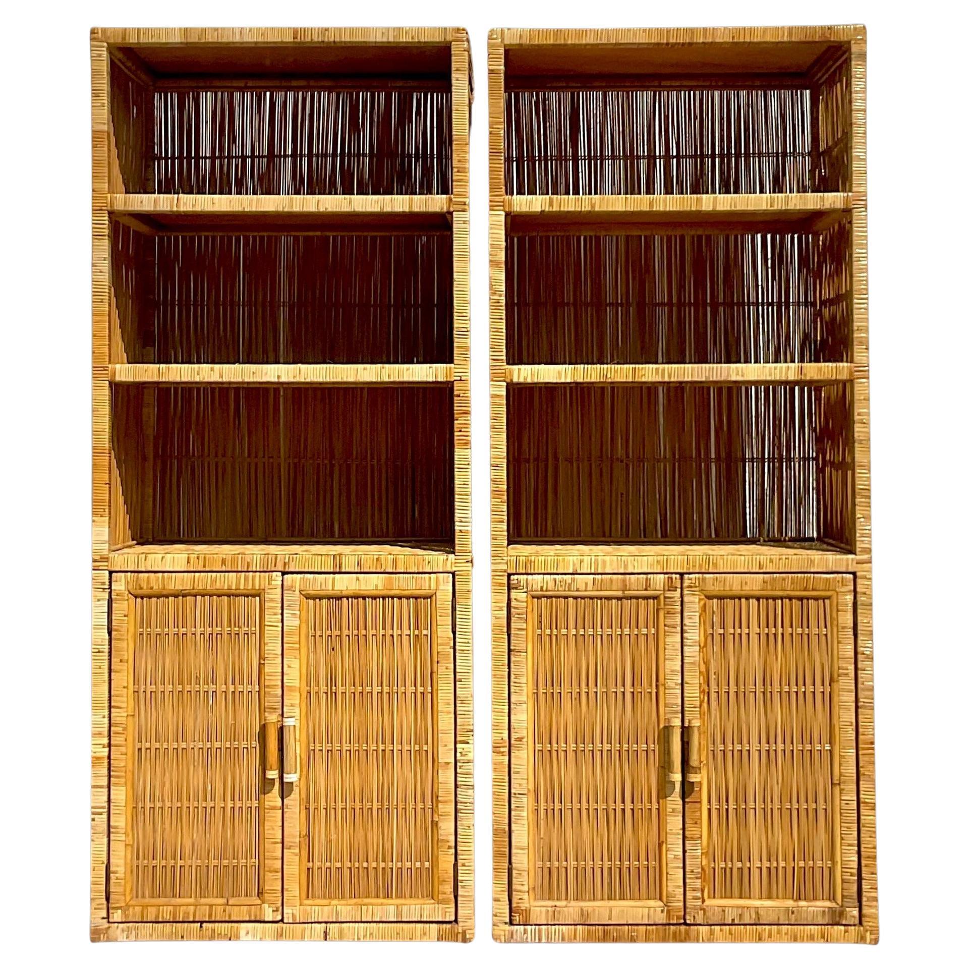 Late 20th Century Vintage Coastal Wrapped Rattan Etagere - a Pair For Sale