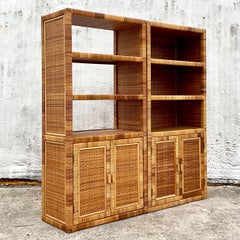 Late 20th Century Vintage Coastal Wrapped Rattan Etagere - Set of 2