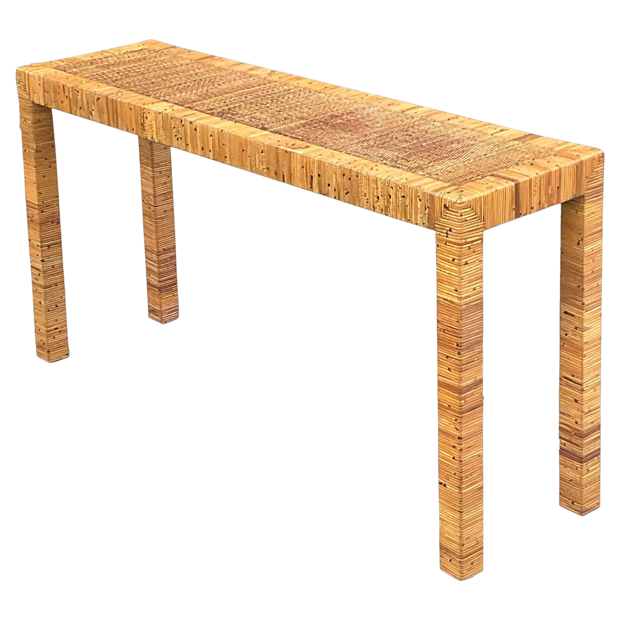 Late 20th Century Vintage Coastal Wrapped Rattan Parsons Console Table
