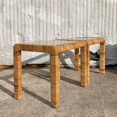 Late 20th Century Vintage Coastal Wrapped Rattan Side Tables - a Pair