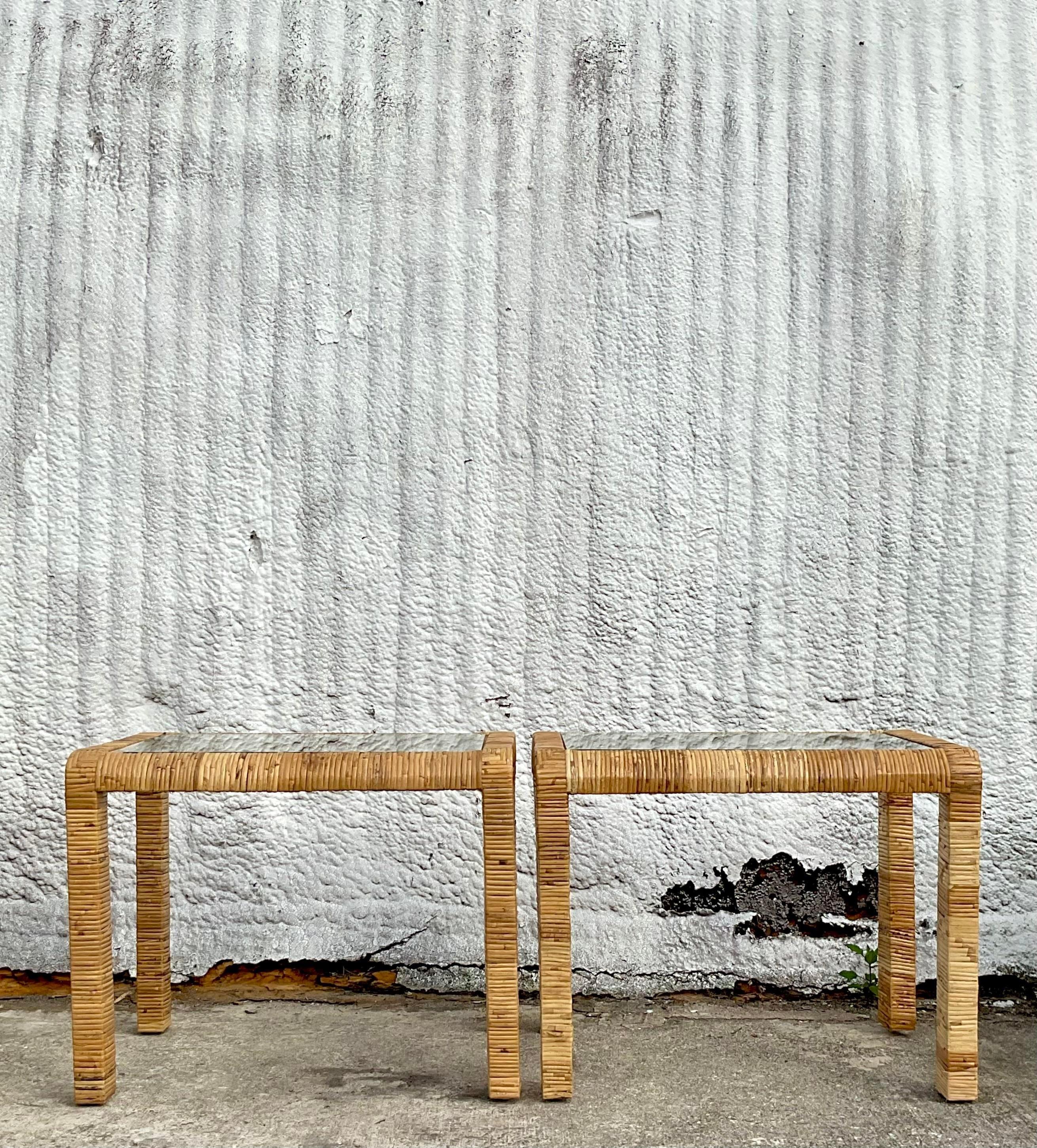 Philippine Late 20th Century Vintage Coastal Wrapped Rattan Side Tables - a Pair