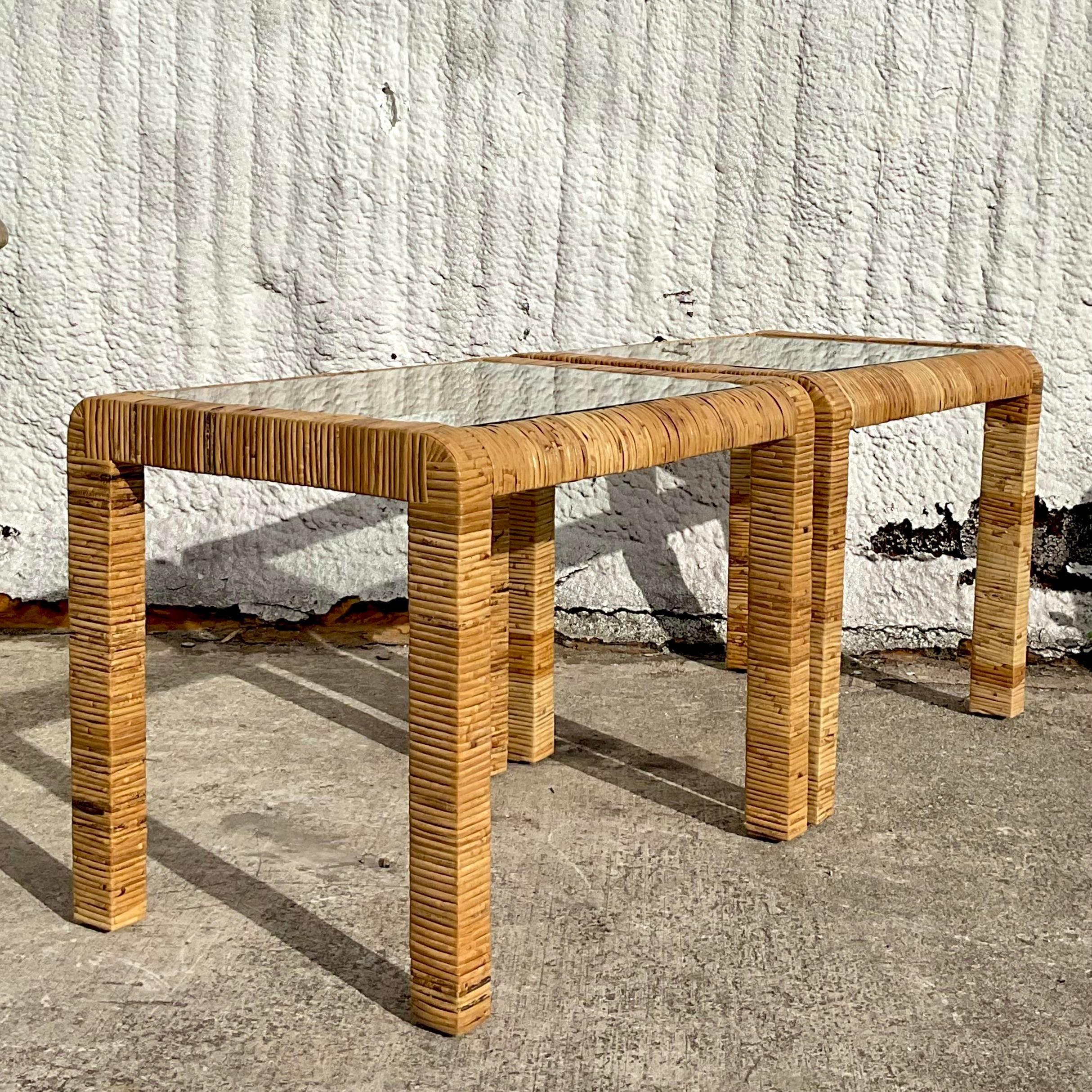Late 20th Century Vintage Coastal Wrapped Rattan Side Tables - a Pair In Good Condition In west palm beach, FL