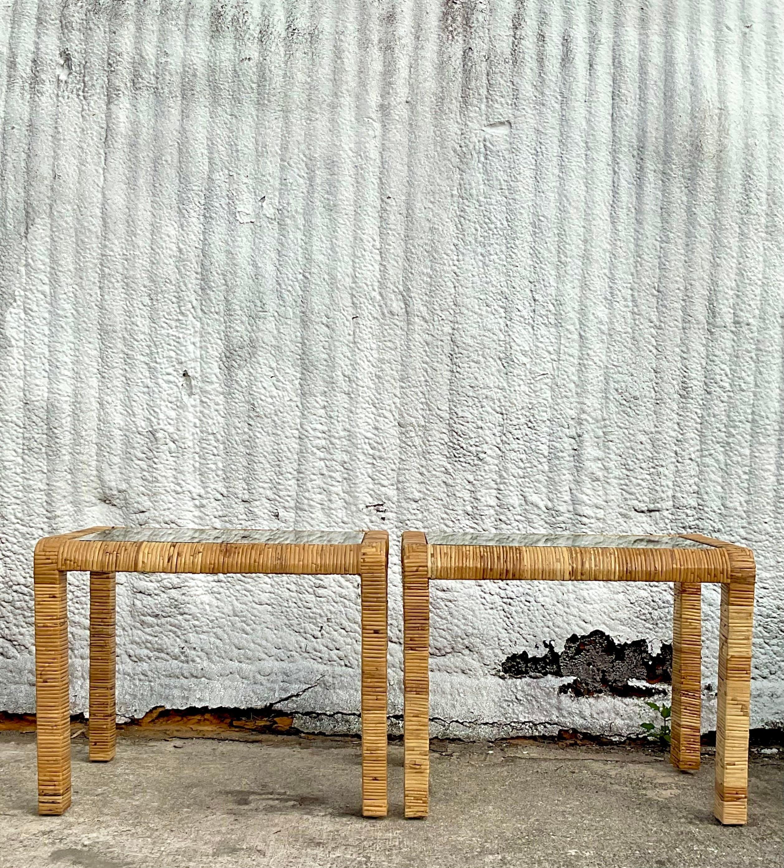 Late 20th Century Vintage Coastal Wrapped Rattan Side Tables - a Pair 1