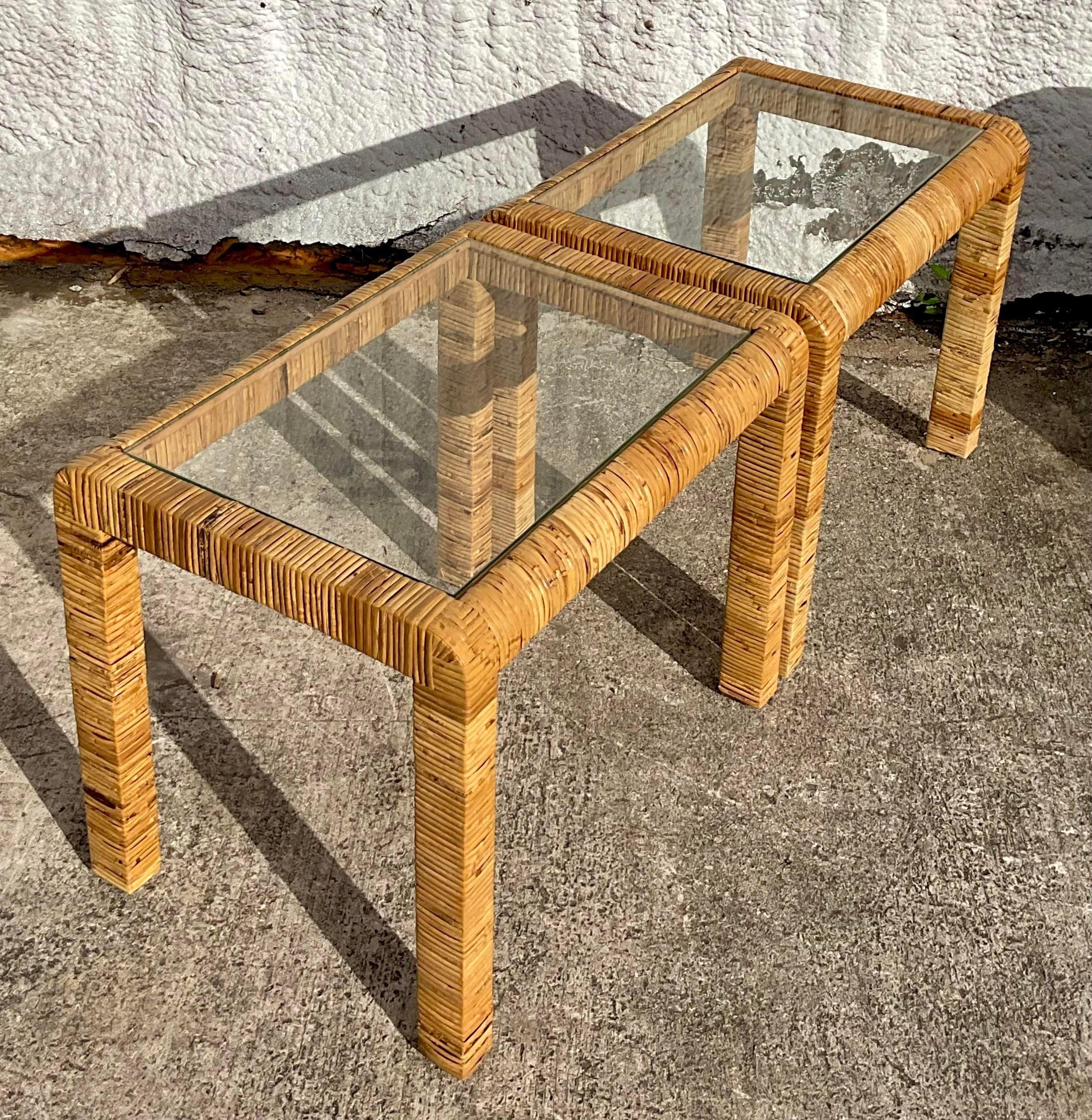 Late 20th Century Vintage Coastal Wrapped Rattan Side Tables - a Pair 3