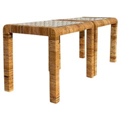 Late 20th Century Vintage Coastal Wrapped Rattan Side Tables - a Pair