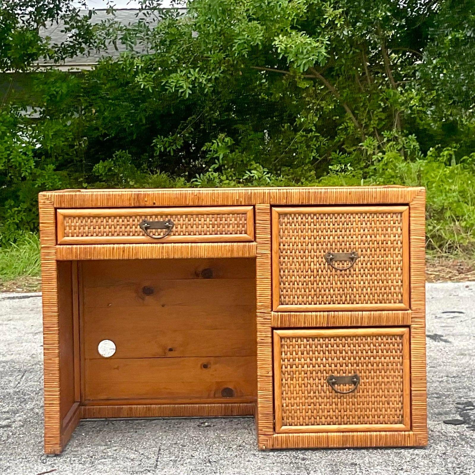 Philippine Late 20th Century Vintage Coastal Wrapped Rattan Writing Desk For Sale