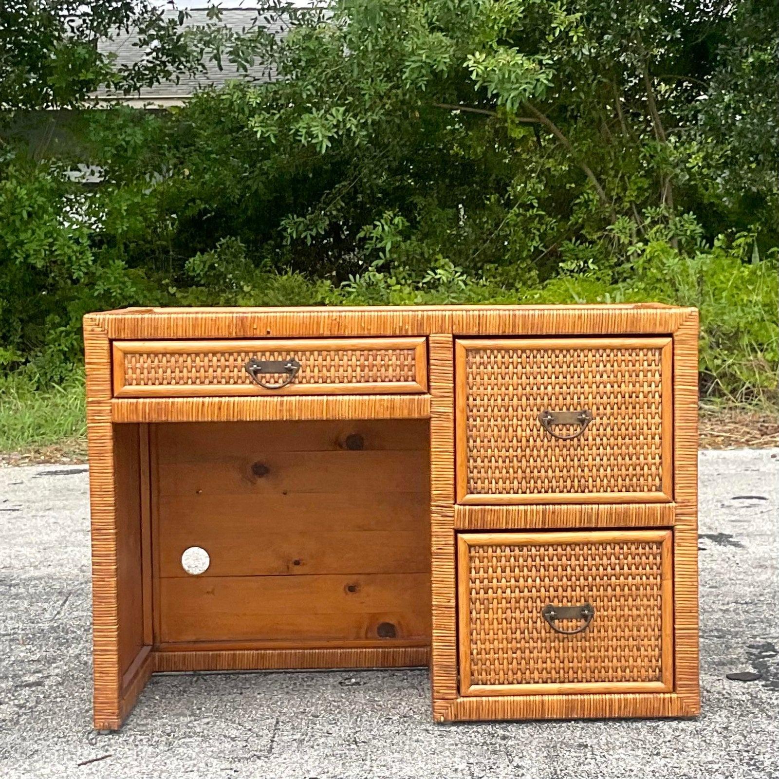 Late 20th Century Vintage Coastal Wrapped Rattan Writing Desk For Sale 2
