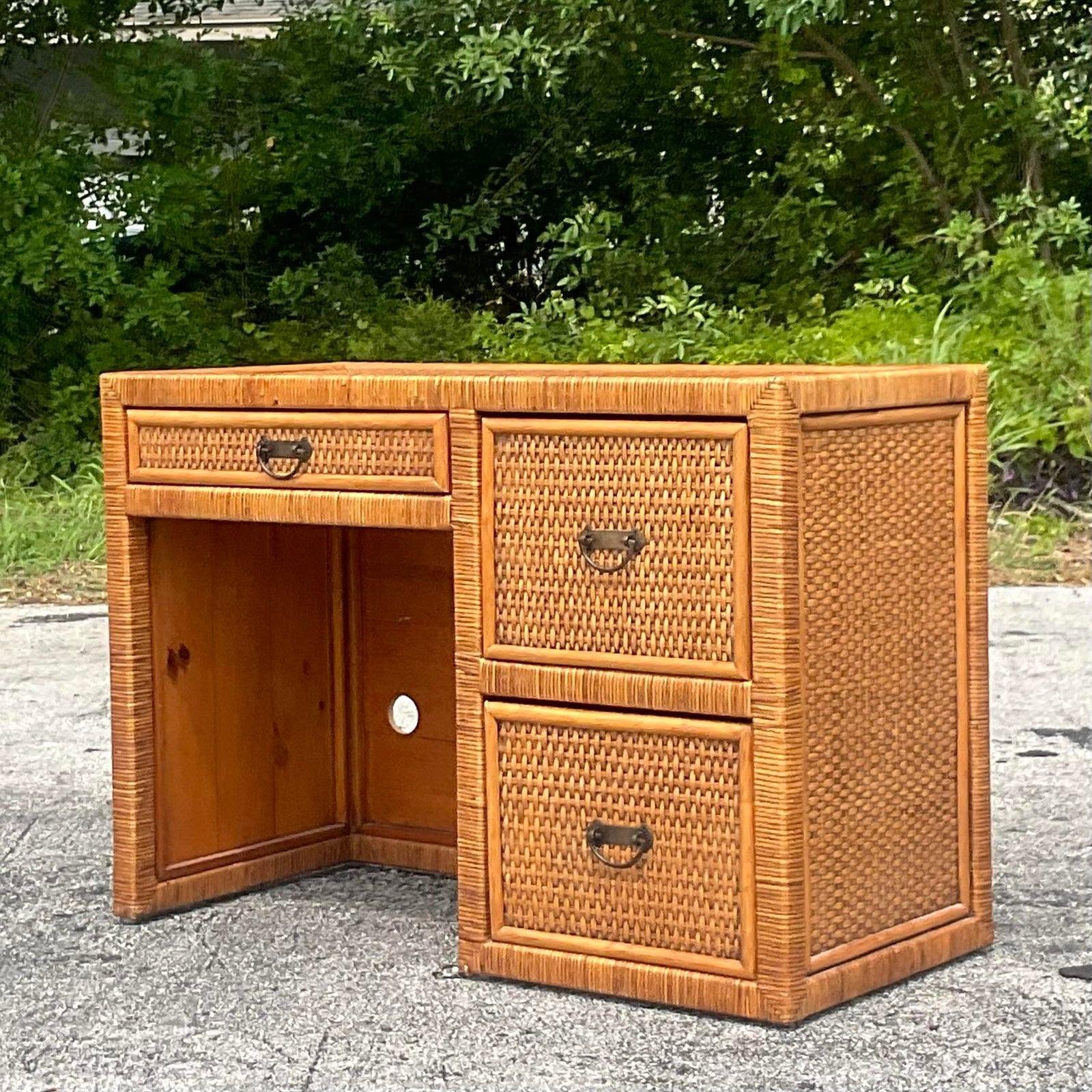 Late 20th Century Vintage Coastal Wrapped Rattan Writing Desk For Sale 3