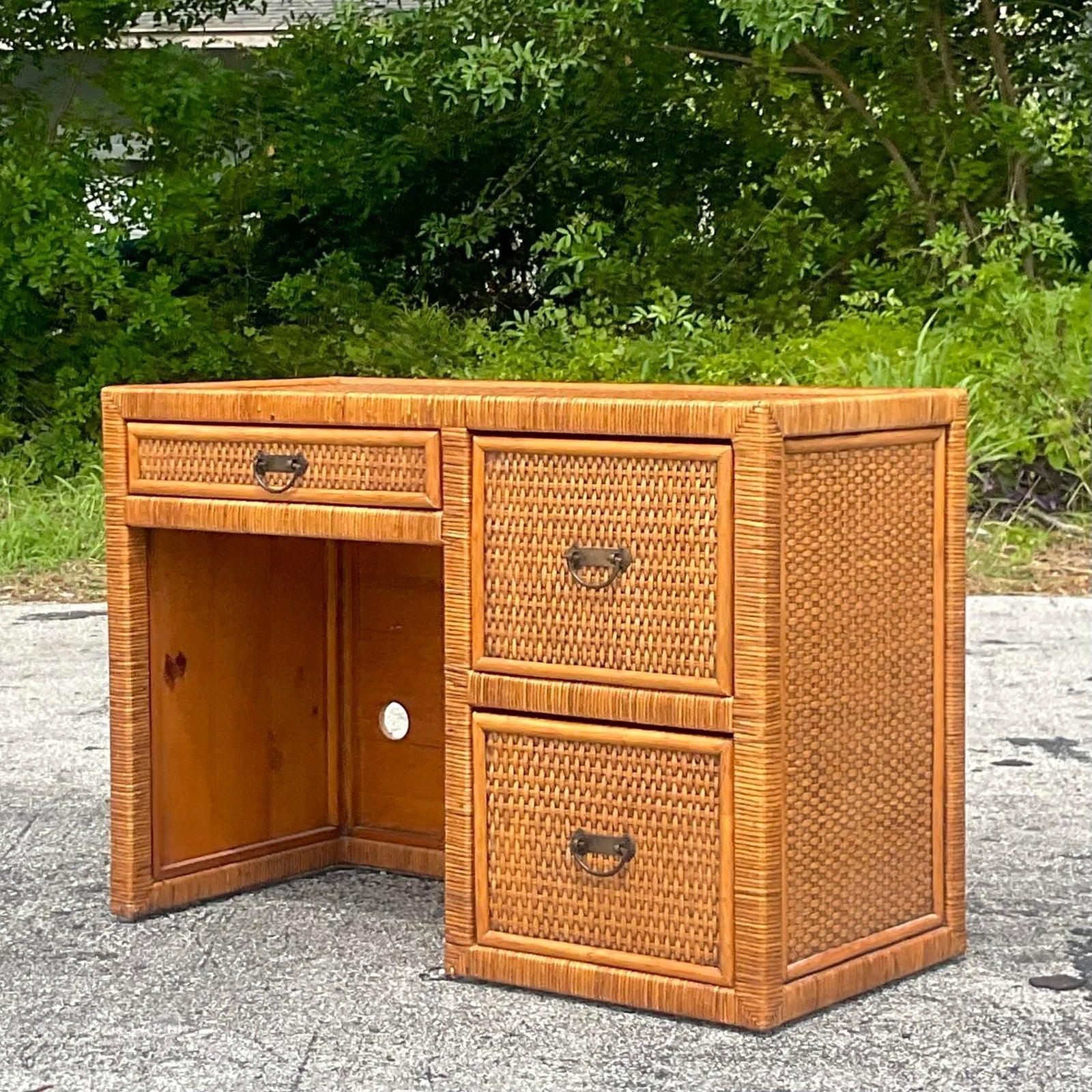 Late 20th Century Vintage Coastal Wrapped Rattan Writing Desk For Sale 4