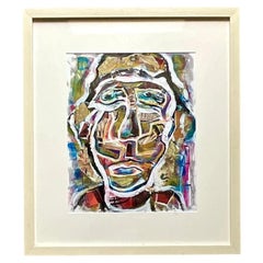 Late 20th Century Vintage Contemporary Signed Abstract Oil on Paper Portrait
