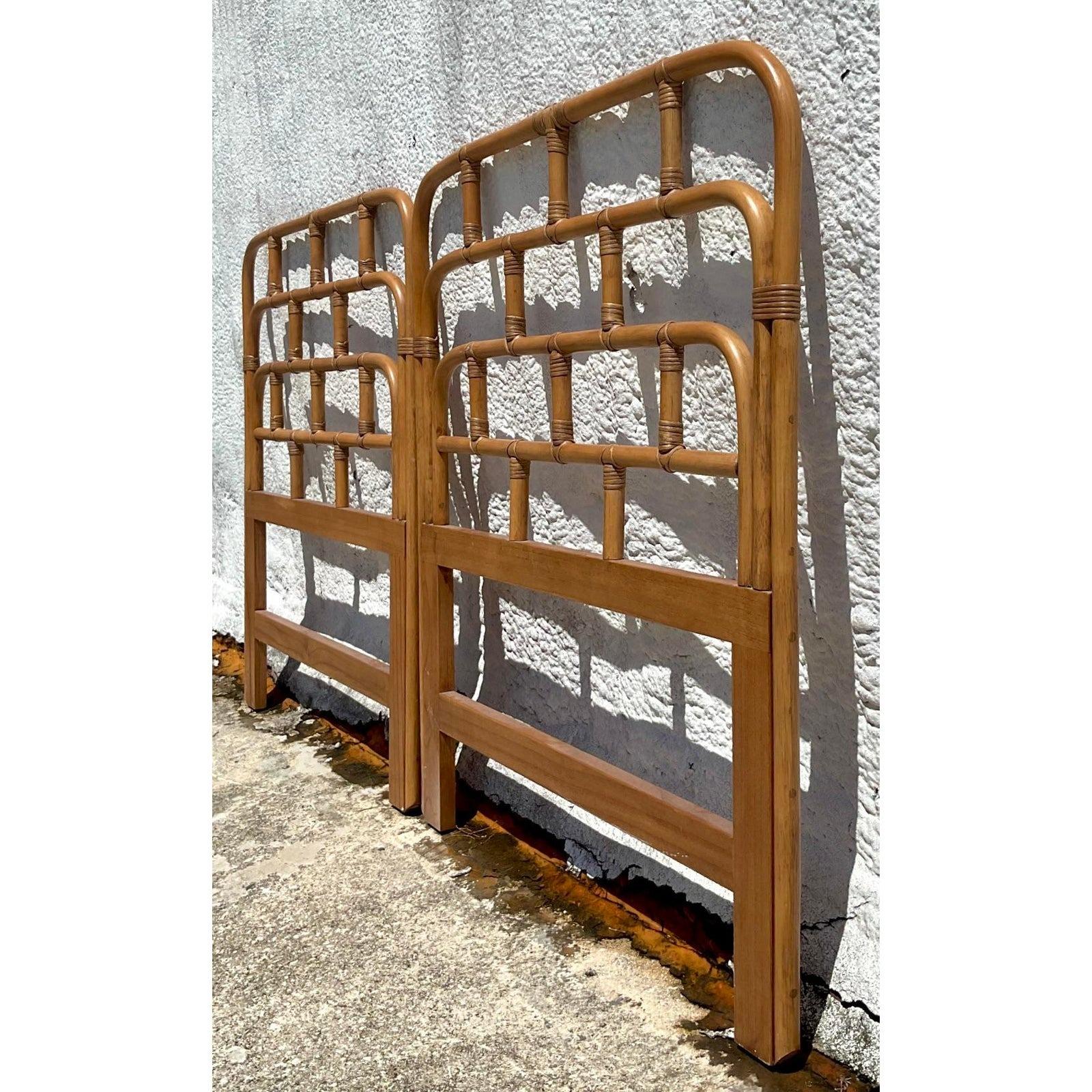 Late 20th Century Vintage Costal Bent Rattan Twin Headboards - a Pair In Good Condition In west palm beach, FL