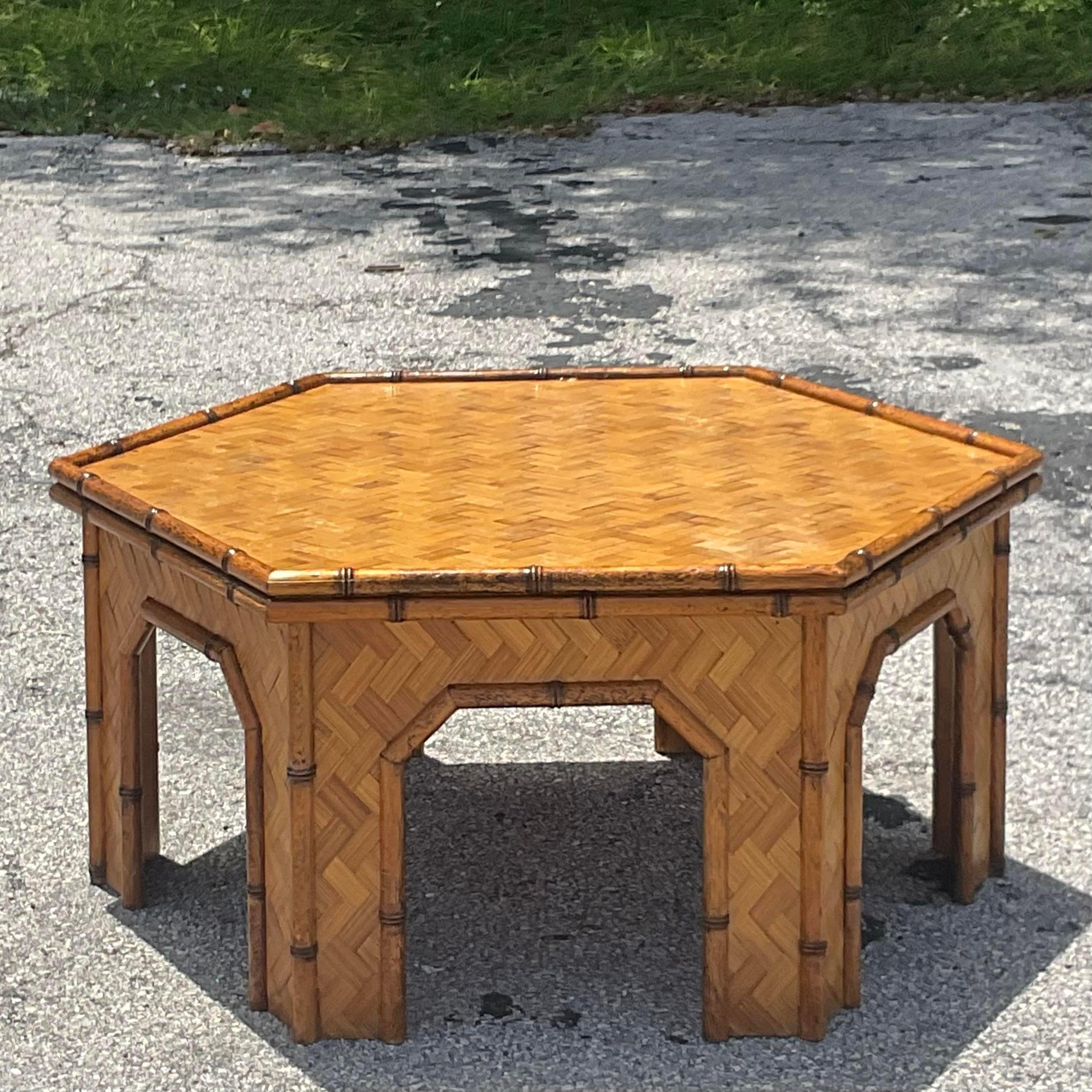 Late 20th Century Vintage Costal Parquet Rattan Hexagon Coffee Table In Good Condition In west palm beach, FL