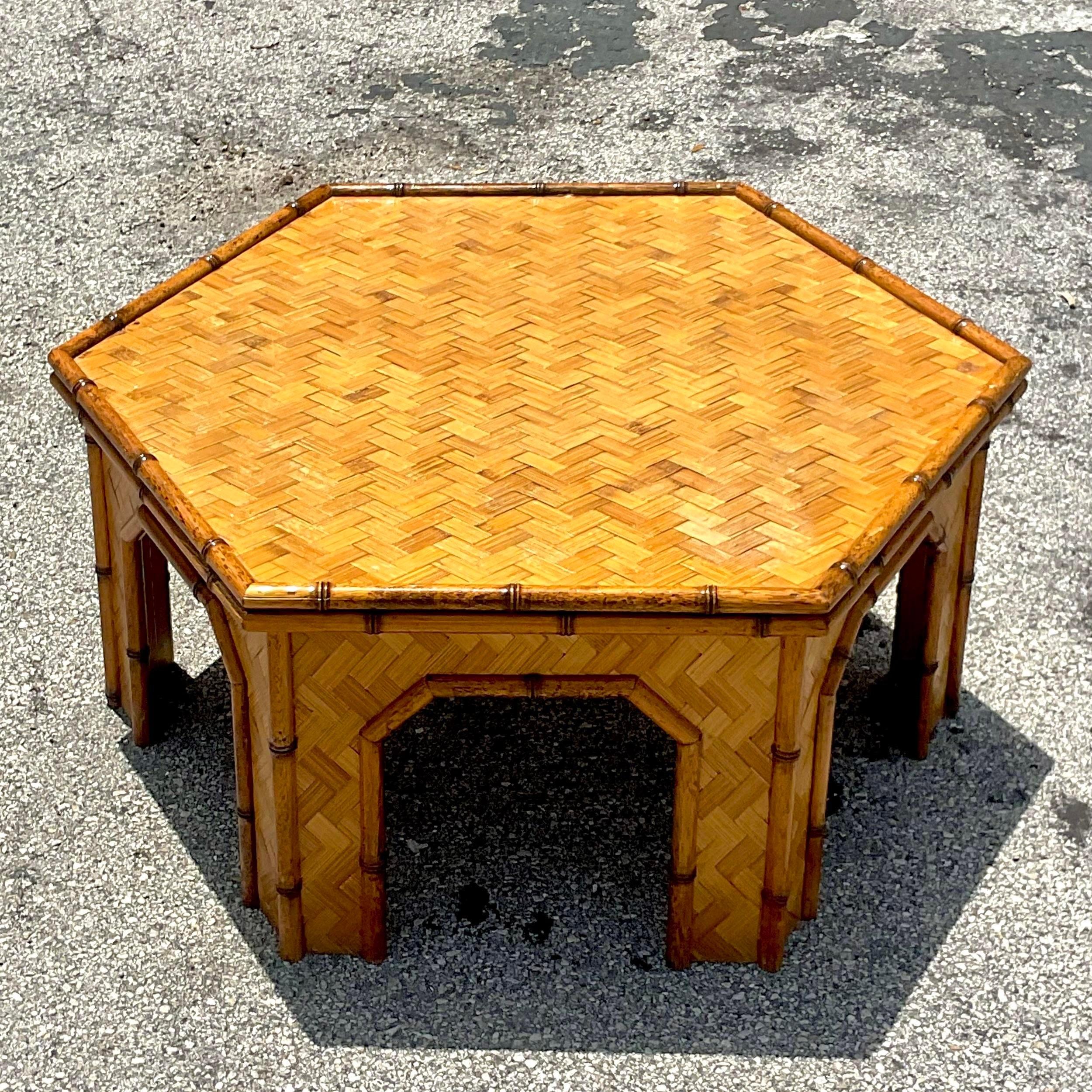 Bamboo Late 20th Century Vintage Costal Parquet Rattan Hexagon Coffee Table