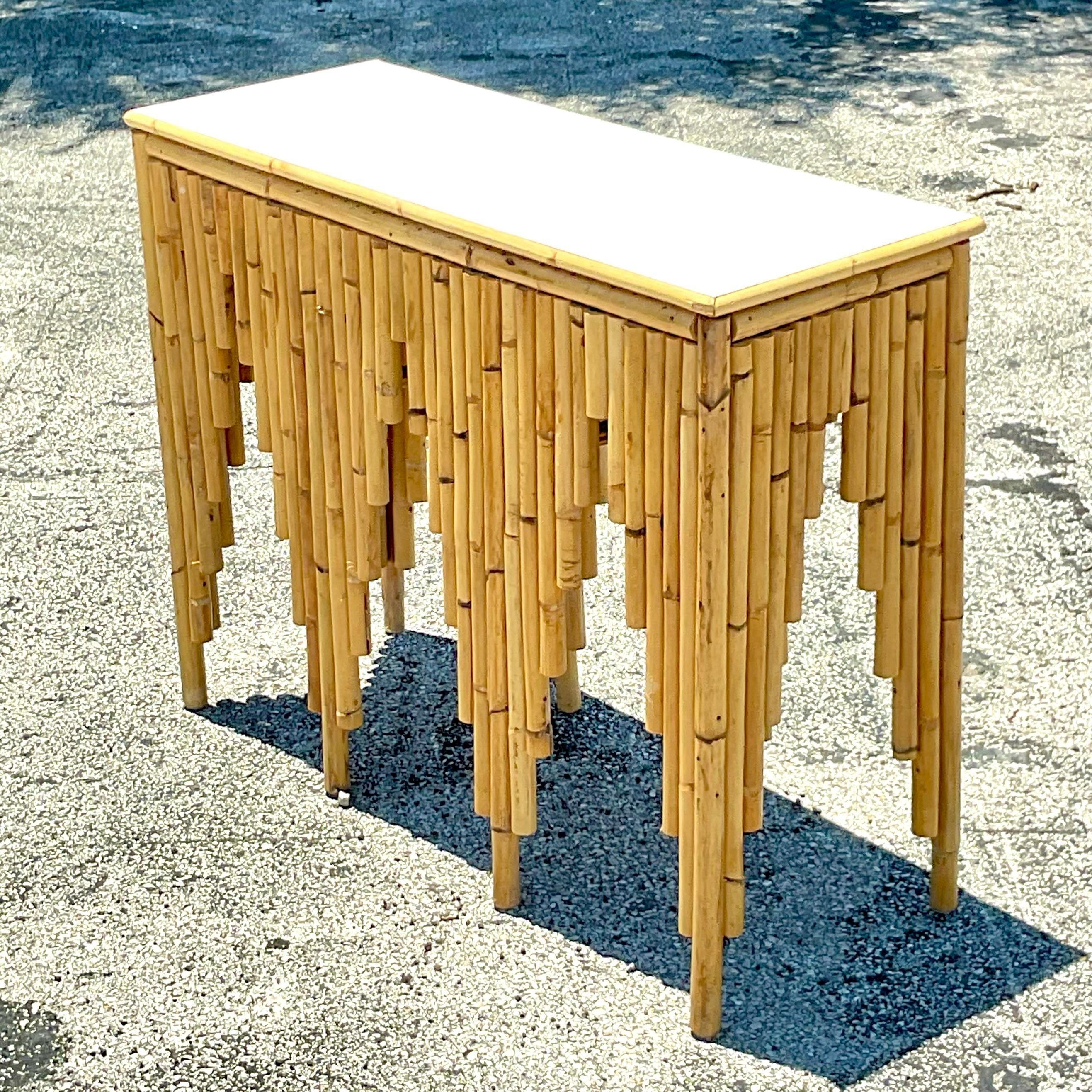 Late 20th Century Vintage Costal Rattan Console Table After Henry Olko In Good Condition In west palm beach, FL
