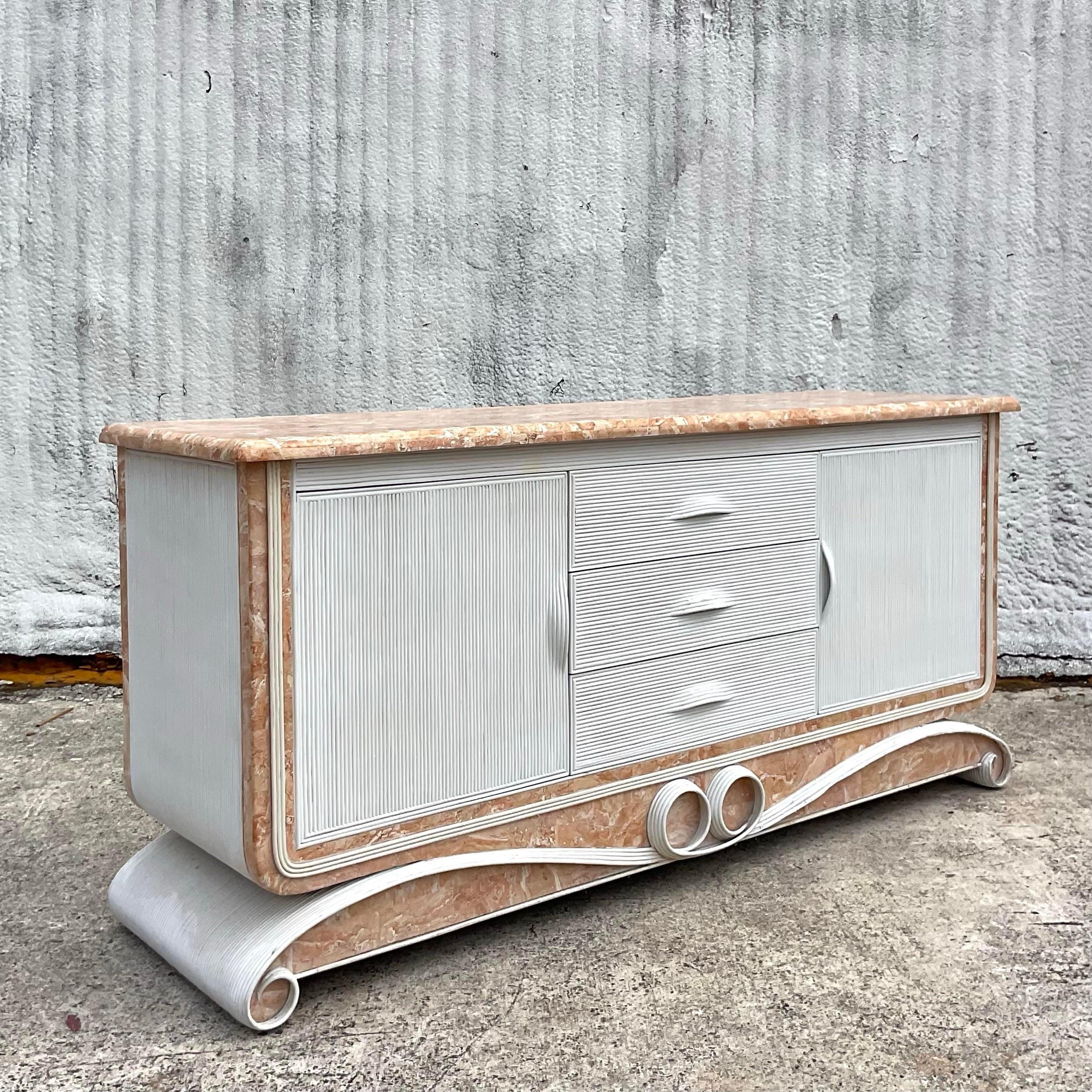 Late 20th Century Vintage Costal Reed and Stone Credenza In Good Condition For Sale In west palm beach, FL