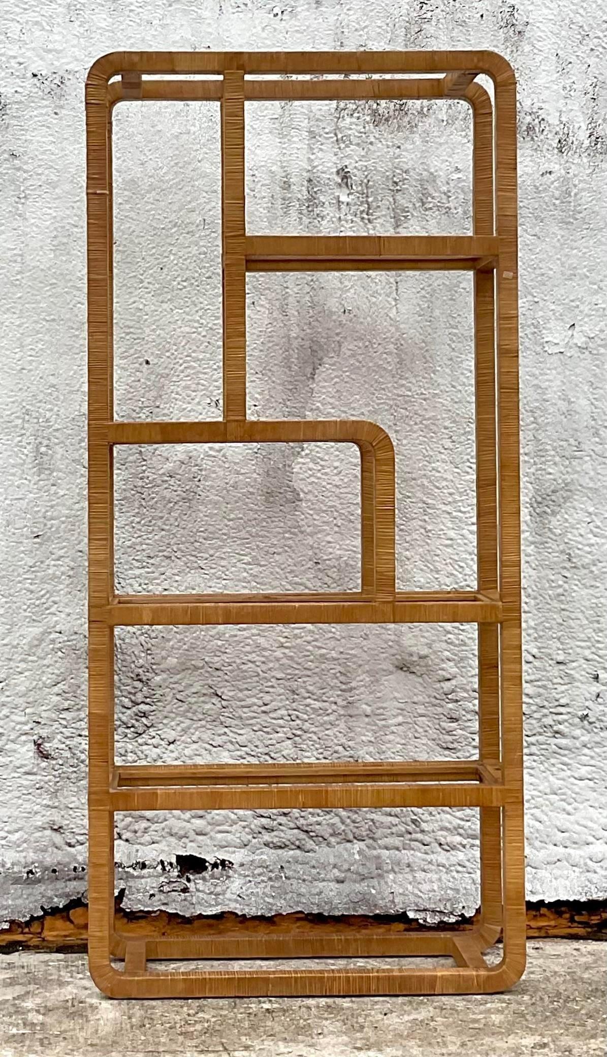 Late 20th Century Vintage Costal Wrapped Rattan Etagere In Good Condition In west palm beach, FL
