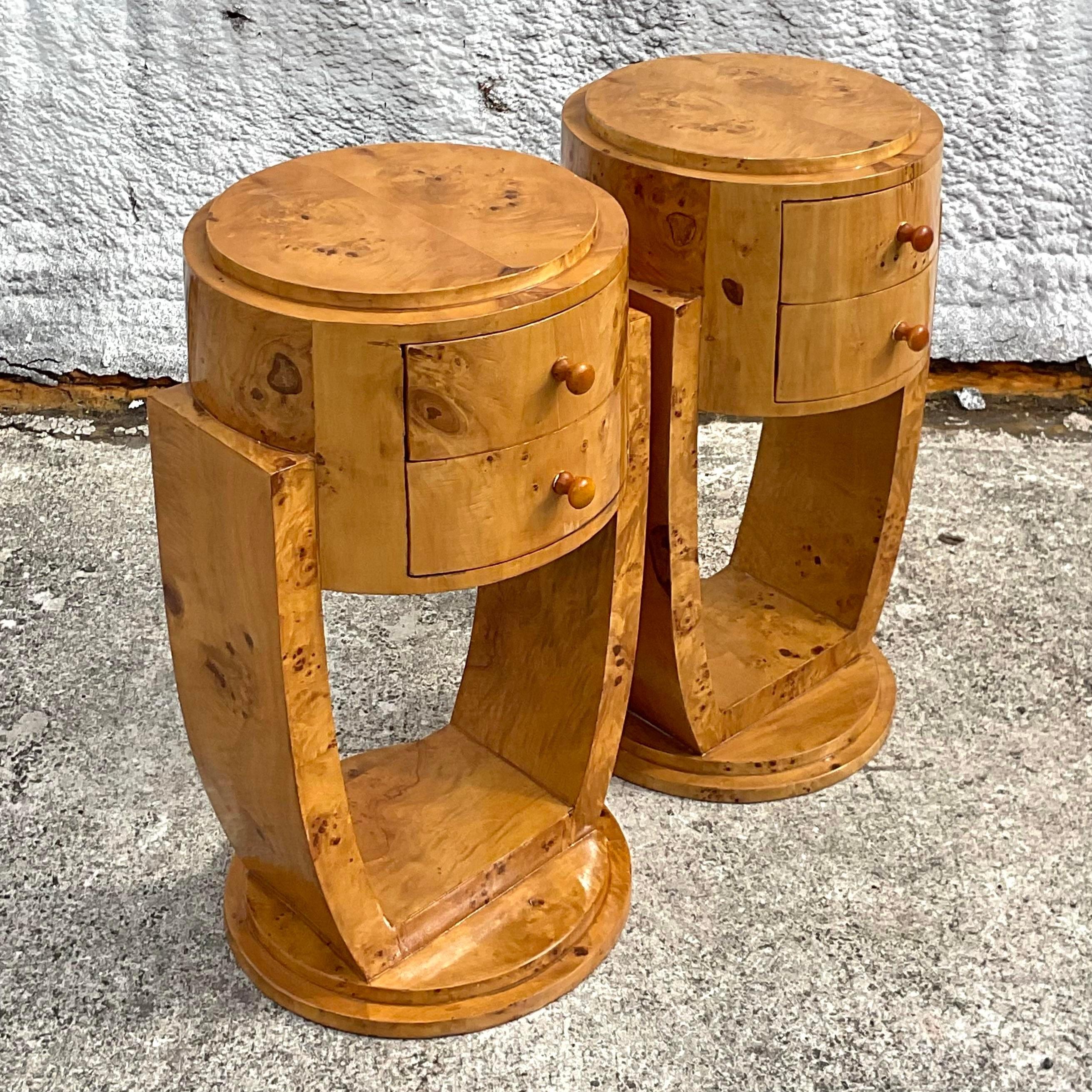 Late 20th Century Vintage Deco Burl Wood Nightstands - a Pair In Good Condition In west palm beach, FL