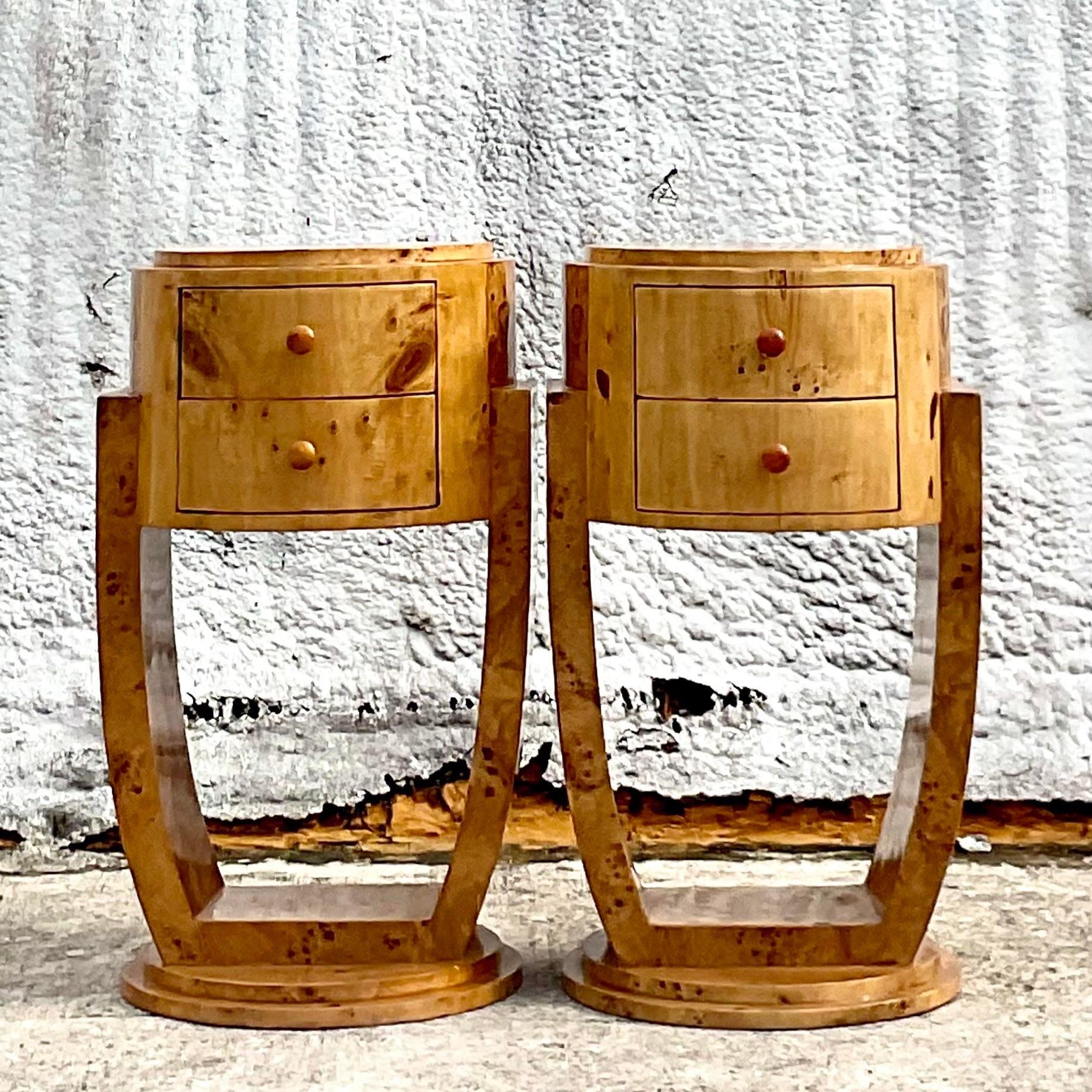 Late 20th Century Vintage Deco Burl Wood Nightstands - a Pair 2