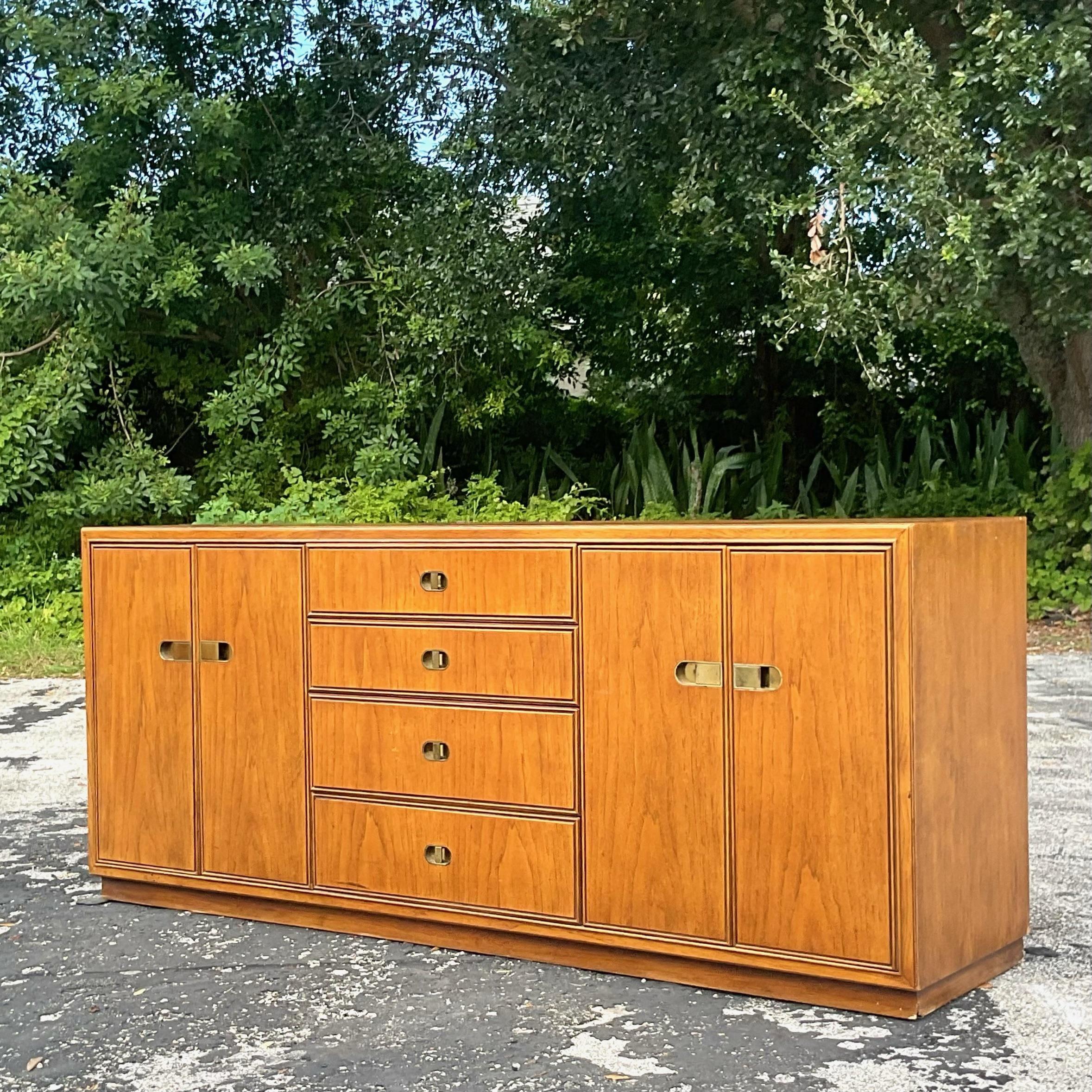 Campaign Late 20th Century Vintage Drexel Three Section Credenza For Sale