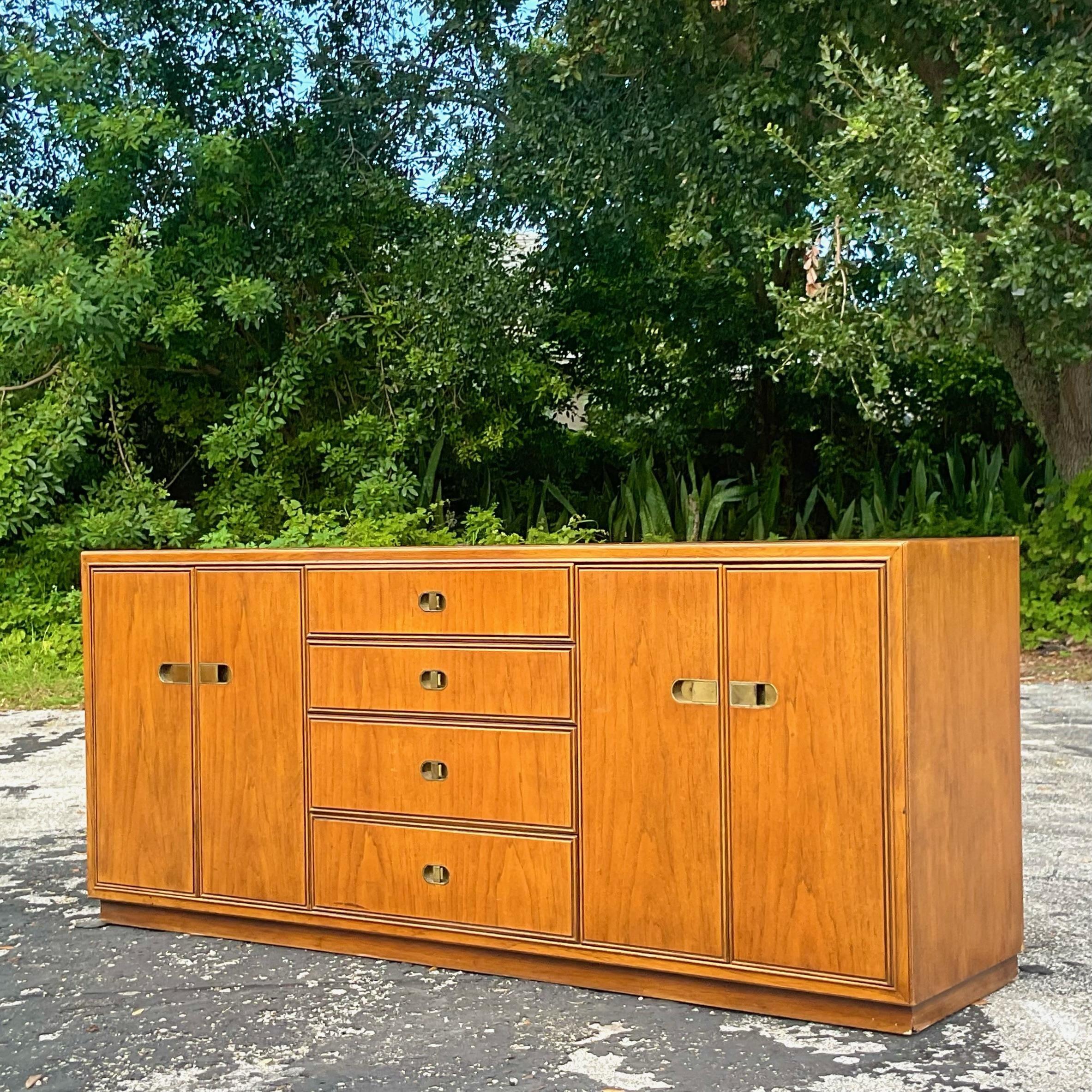 Campaign Late 20th Century Vintage Drexel Three Section Credenza For Sale