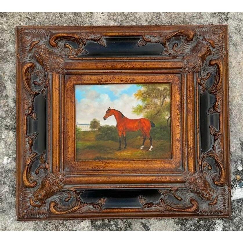 American Late 20th Century Vintage Equestrian Oil Painting in Ornate Frame
