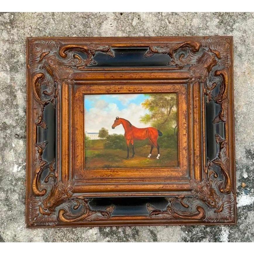 Late 20th Century Vintage Equestrian Oil Painting in Ornate Frame In Good Condition In west palm beach, FL