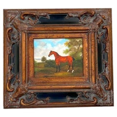 Late 20th Century Vintage Equestrian Oil Painting in Ornate Frame
