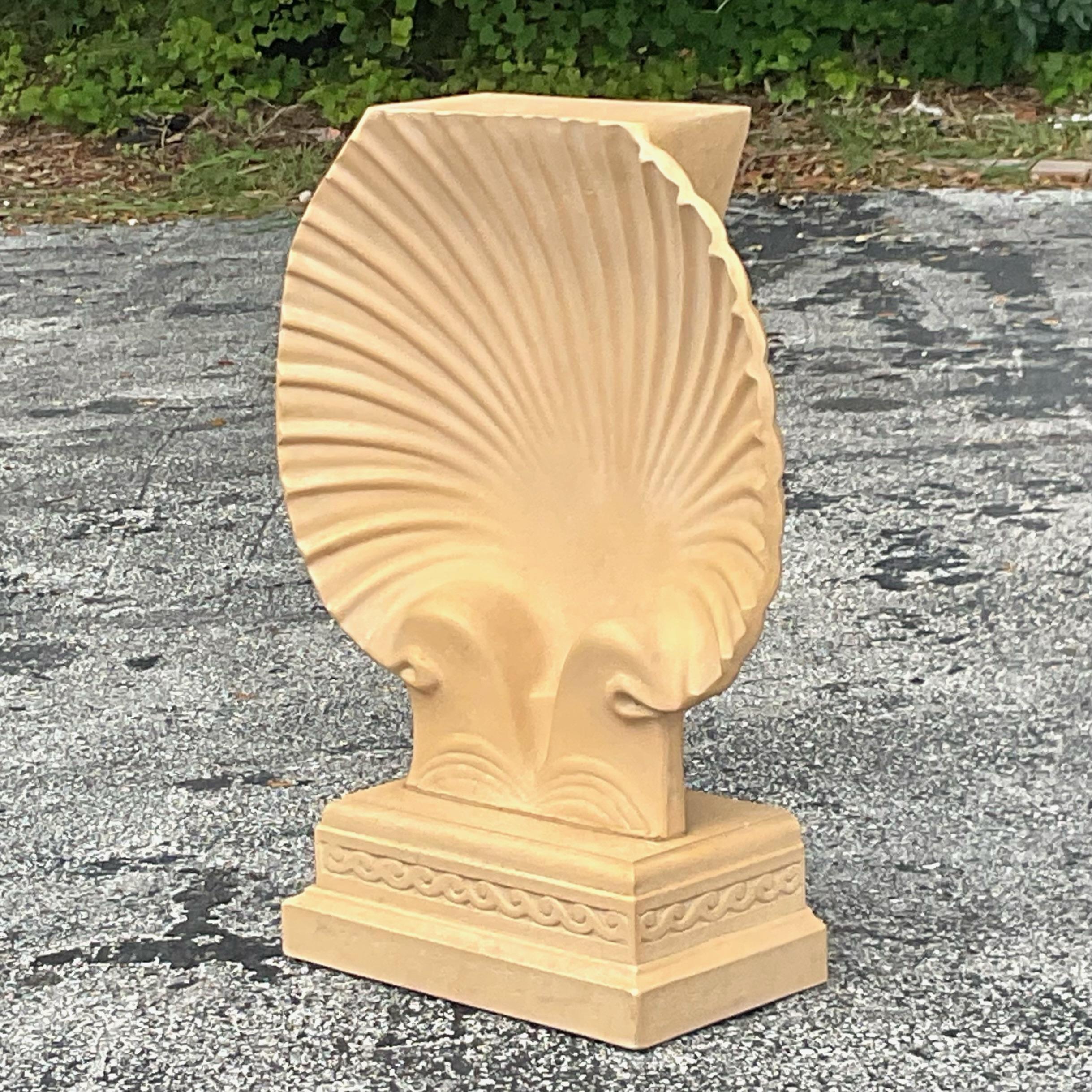 Faux terracotta / plaster shell shaped pedestal for a console table. Whimsical addition to any space. Acquired from a Palm Beach estate.