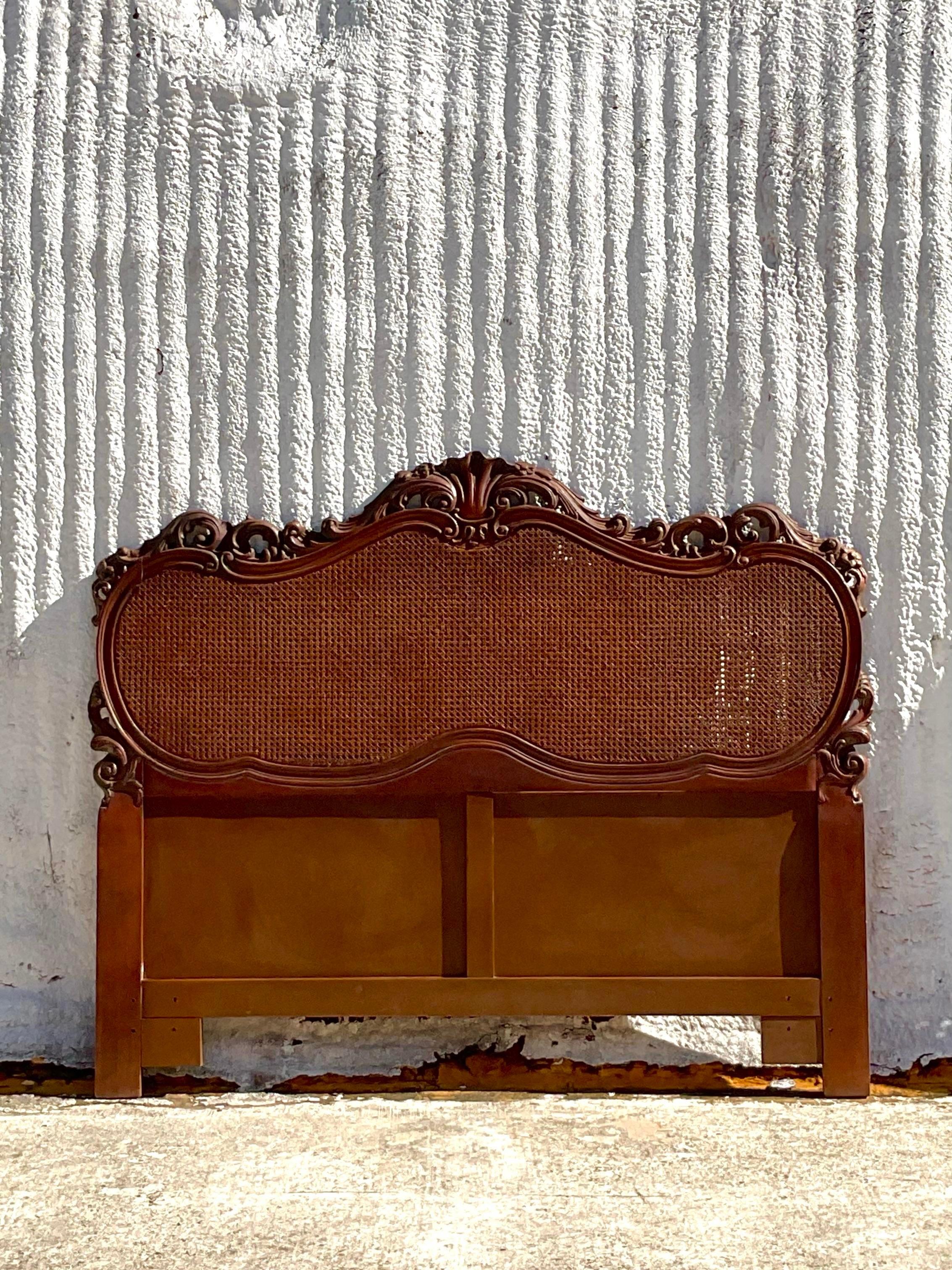 American Late 20th Century Vintage French Style Intricate Cane Headboard in Queen For Sale