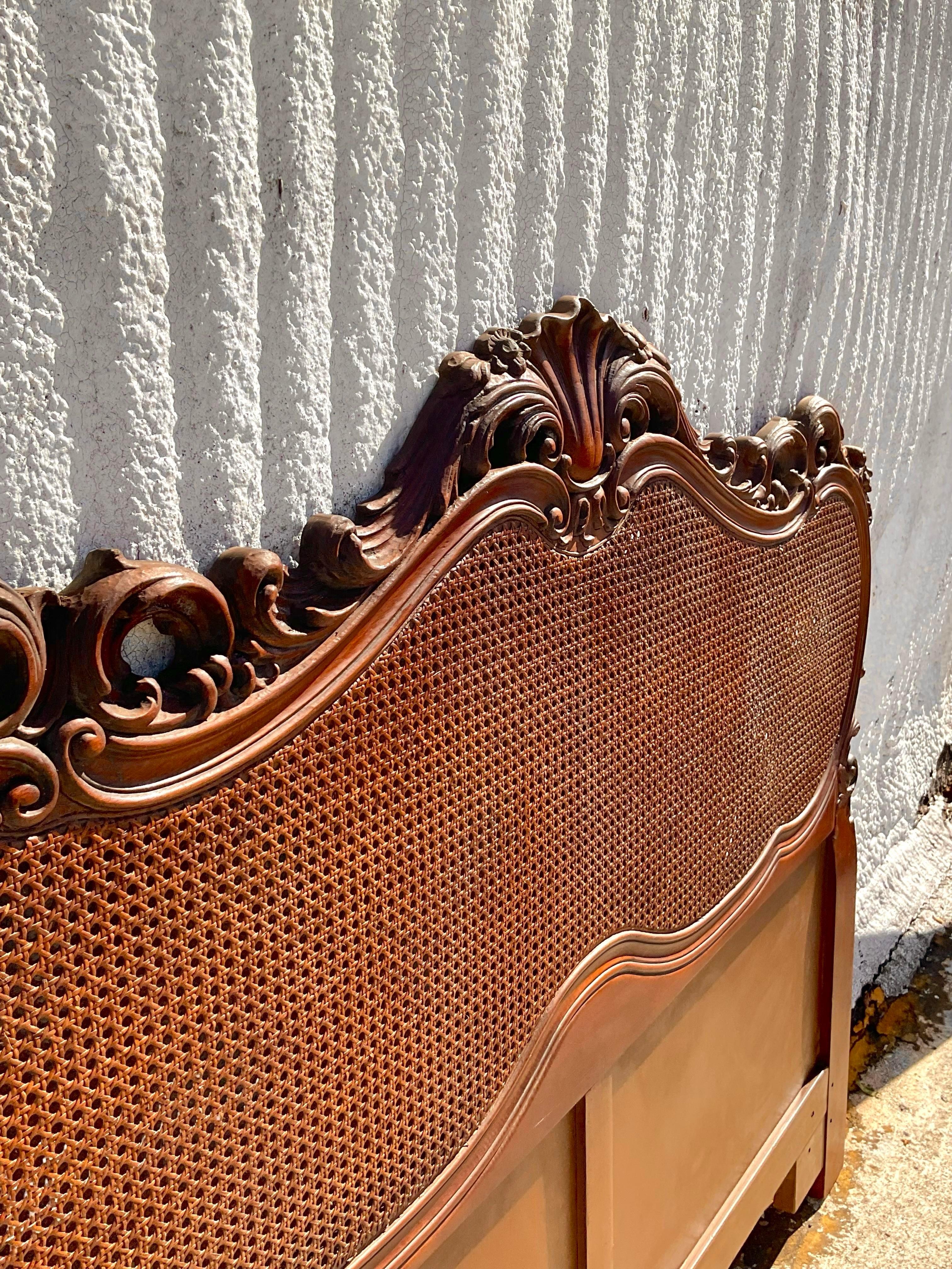 Wood Late 20th Century Vintage French Style Intricate Cane Headboard in Queen For Sale