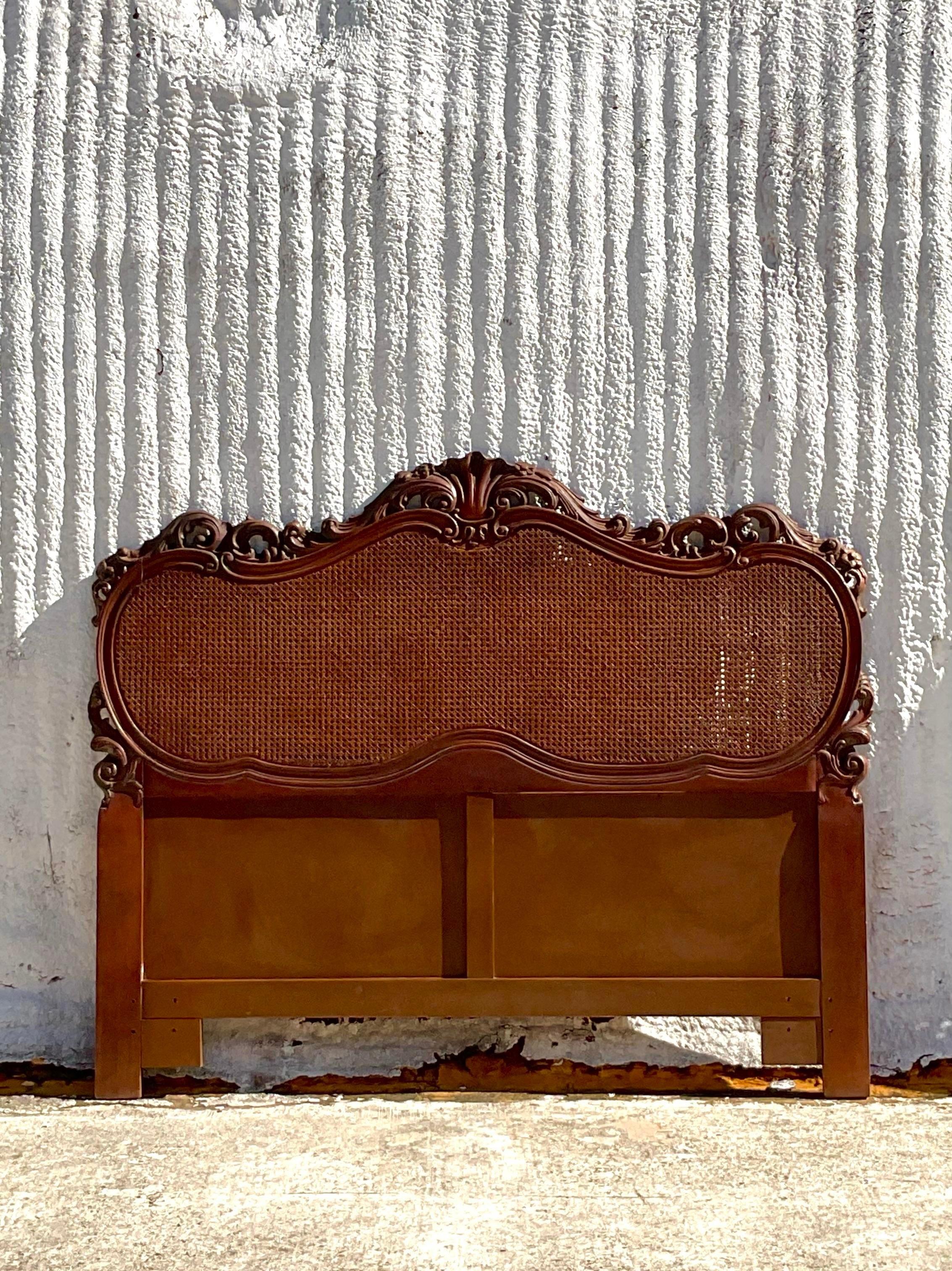 Late 20th Century Vintage French Style Intricate Cane Headboard in Queen In Good Condition For Sale In west palm beach, FL