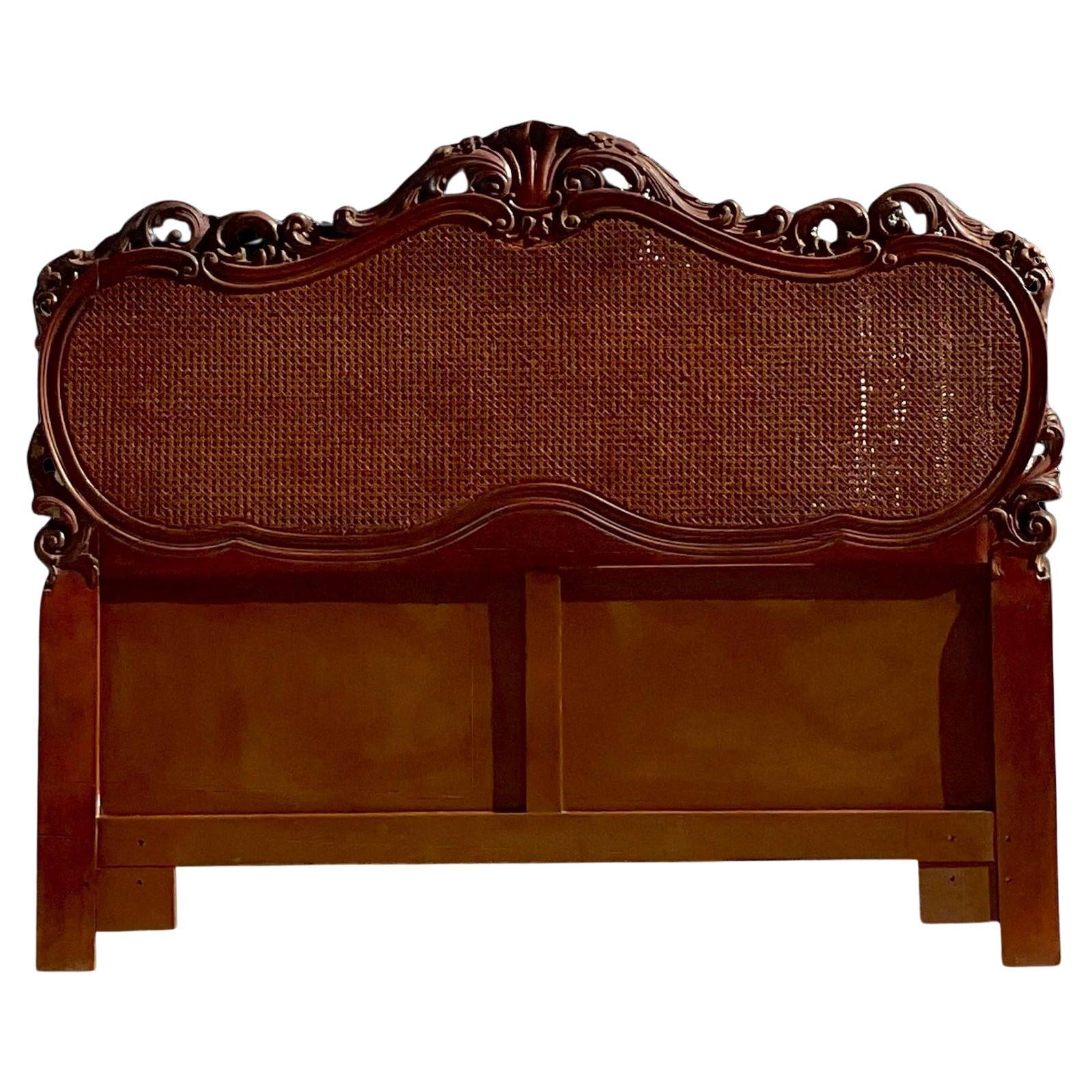 Late 20th Century Vintage French Style Intricate Cane Headboard in Queen For Sale