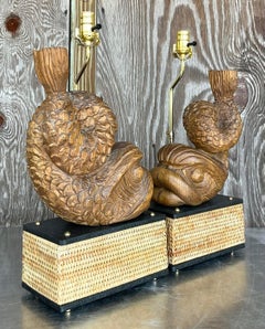 Late 20th Century Vintage Hand Carved Dolphin Lamps - a Pair